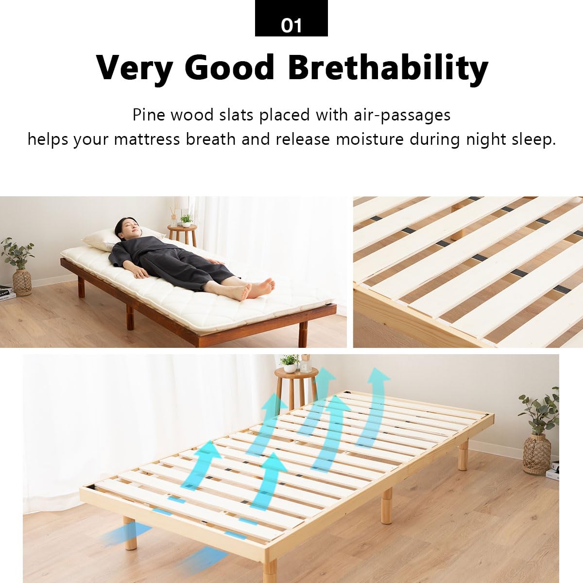 EMOOR Adjustable Wood Slatted Low Bed Frame for Japanese Futon Mattress - Twin Size, Retro-Brown (2/7/12 Inch Height Options) | Perfect for Minimalist Bedrooms, Small Spaces & Tatami Mat Compatibility