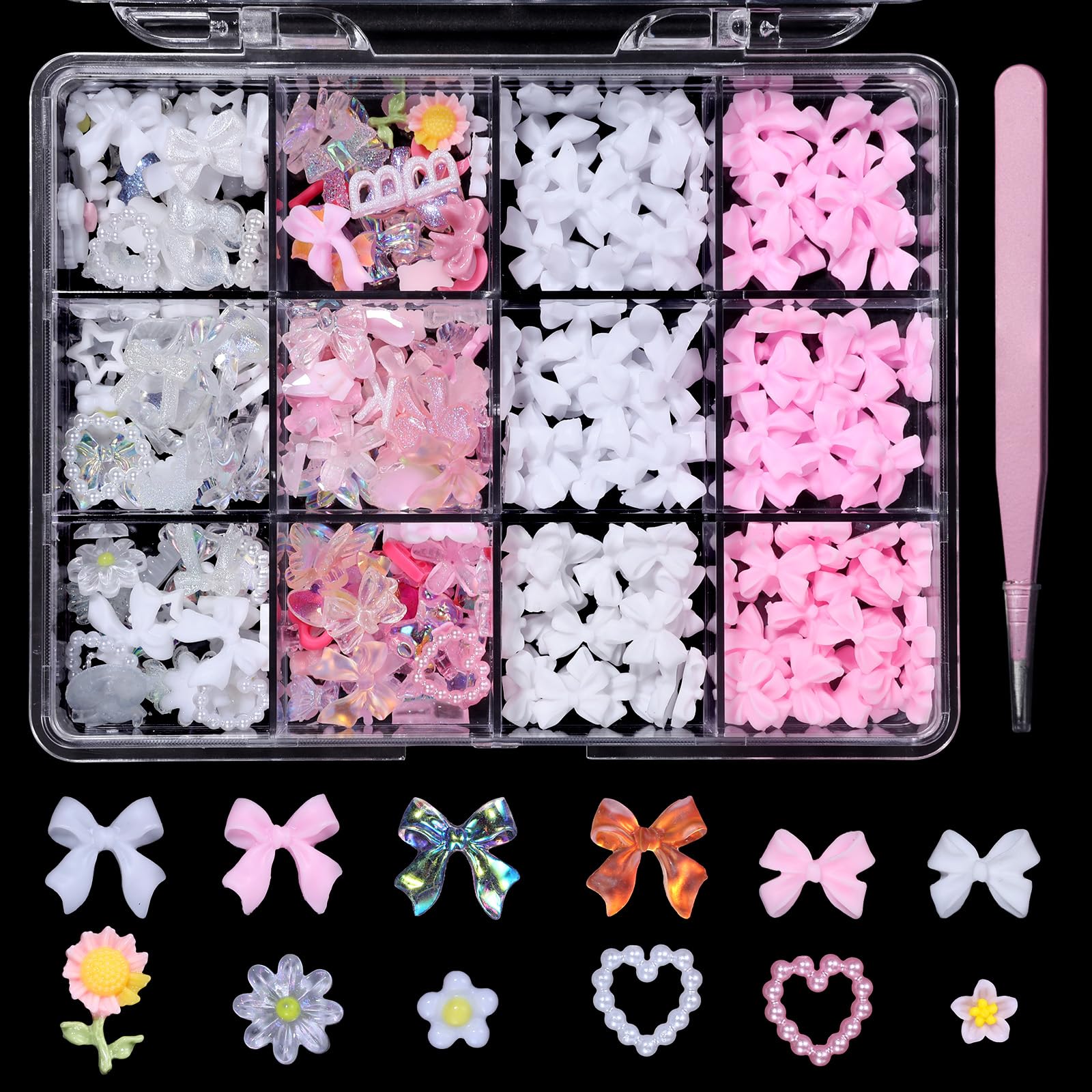 3D Nail Art Charms Set - Acrylic Nail Decorations with Pink & White Bows, Hollow Heart Pearls, Colorful Flowers, Butterflies, Stars & Hearts for DIY Nail Art - Includes Pickup Tools - Perfect for Salon, Home Manicure & Nail Art Designs