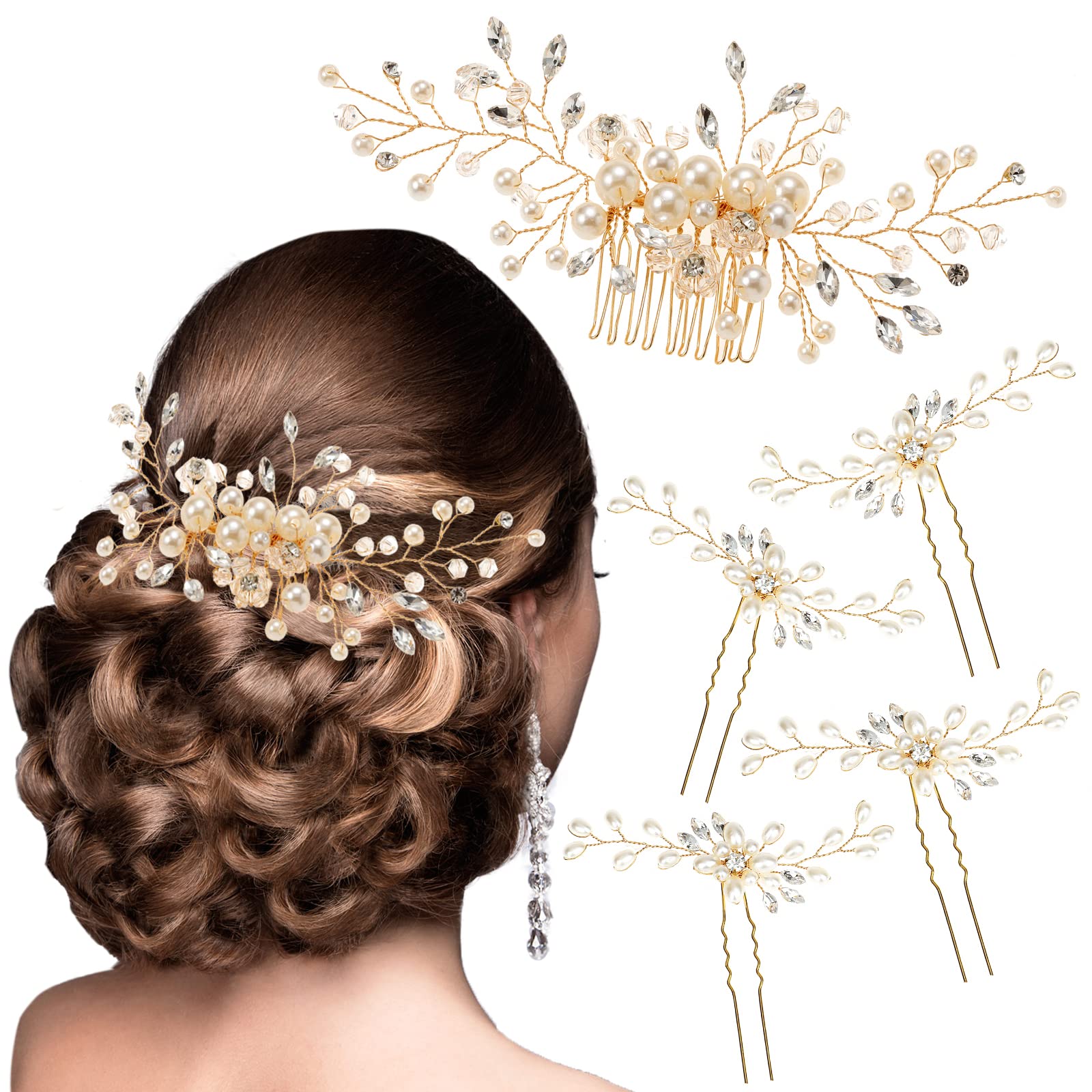 Elegant Pearl Crystal Rhinestone Wedding Hair Comb & 4 Hairpins Set - Bridal Hair Accessories for Bride, Bridesmaids & Women (Gold, 5-Piece) - Perfect for Weddings, Prom, Parties & Special Occasions