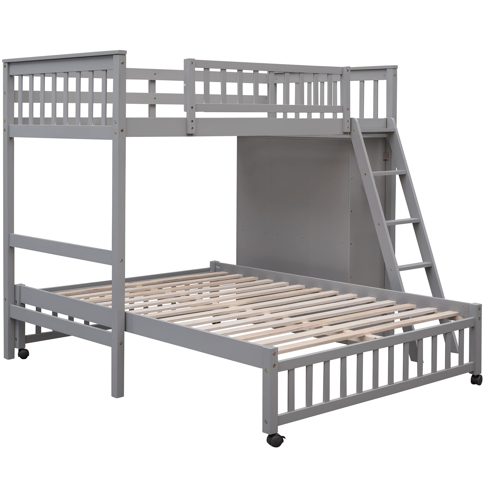 Twin Over Full Bunk Bed with Storage - Solid Wood Bunk Bed with 6 Drawers & 3 Adjustable Shelves, Convertible Loft Bed with Rolling Lower Bed for Kids, Teens & Adults - Space-Saving Bedroom Solution for Small Rooms, Guest Rooms & Dormitories (Gray)