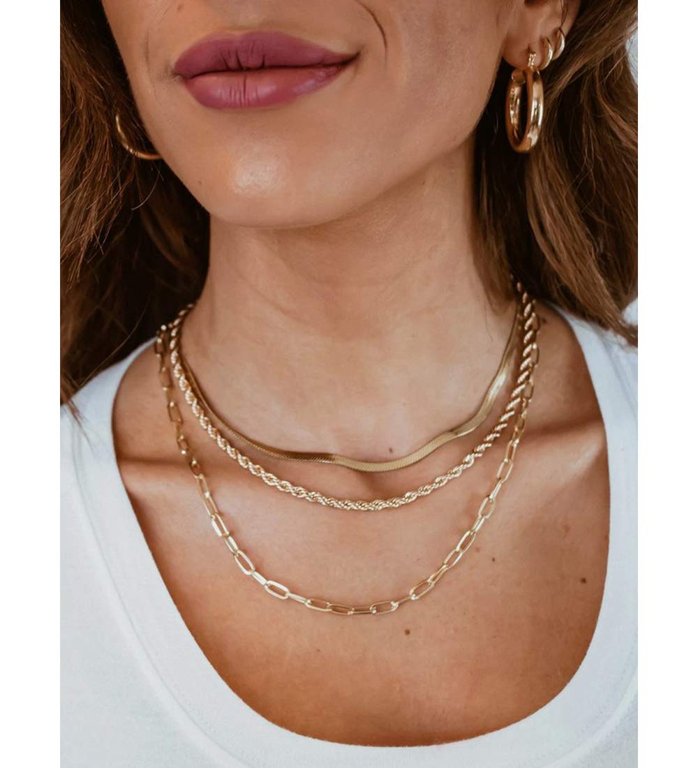 NVENF Women's Gold Chain Necklace & Earrings Set - Statement Snake Paperclip Link Choker & Twist Hoop Jewelry Gift for Birthday, Party, Wedding, Anniversary (Best Friend Gift Idea)