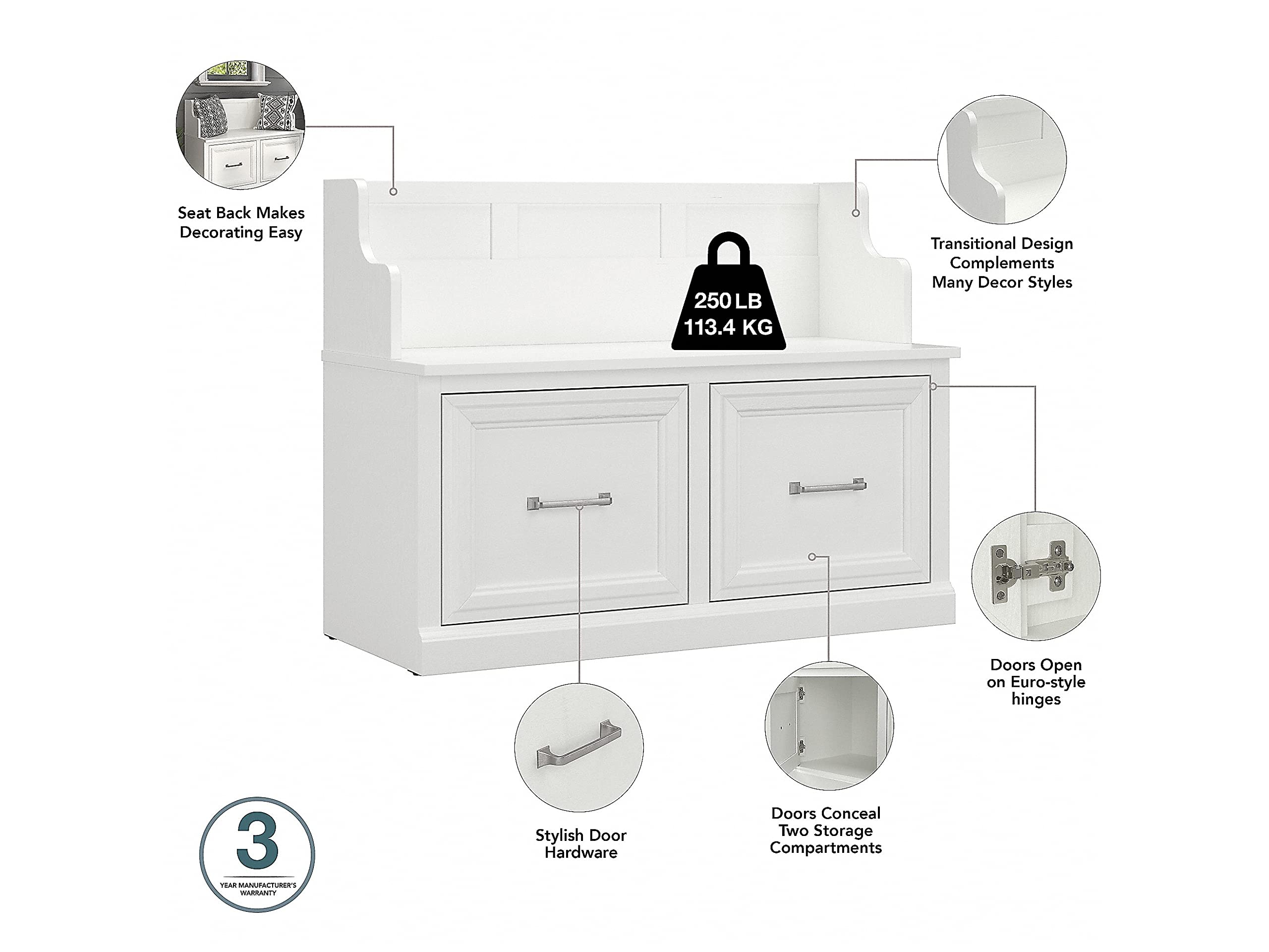 Bush Furniture Woodland 40W White Ash Entryway Bench with Storage Doors | Shoe Organizer for Mudroom, Foyer & Hallway | Perfect for Small Spaces & Home Entry Organization