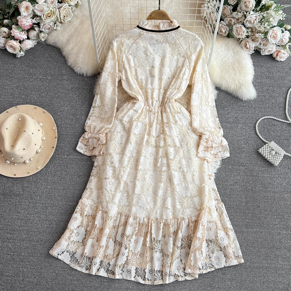 Elegant Long Sleeve A-Line Ruffled Lace Dress for Women - Perfect for Weddings, Parties & Special Occasions