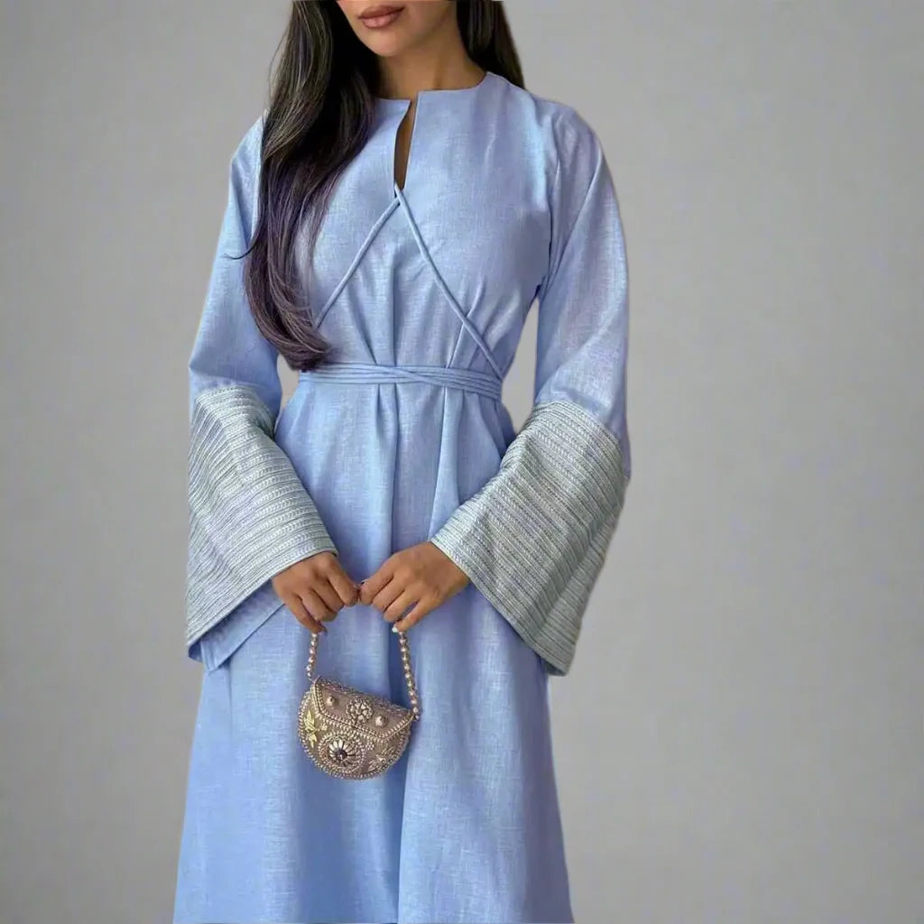 Elegant Muslim Women's V-Neck Abaya Dress with Embroidery Sleeves - Perfect for Prayer, Eid, Wedding & Special Occasions