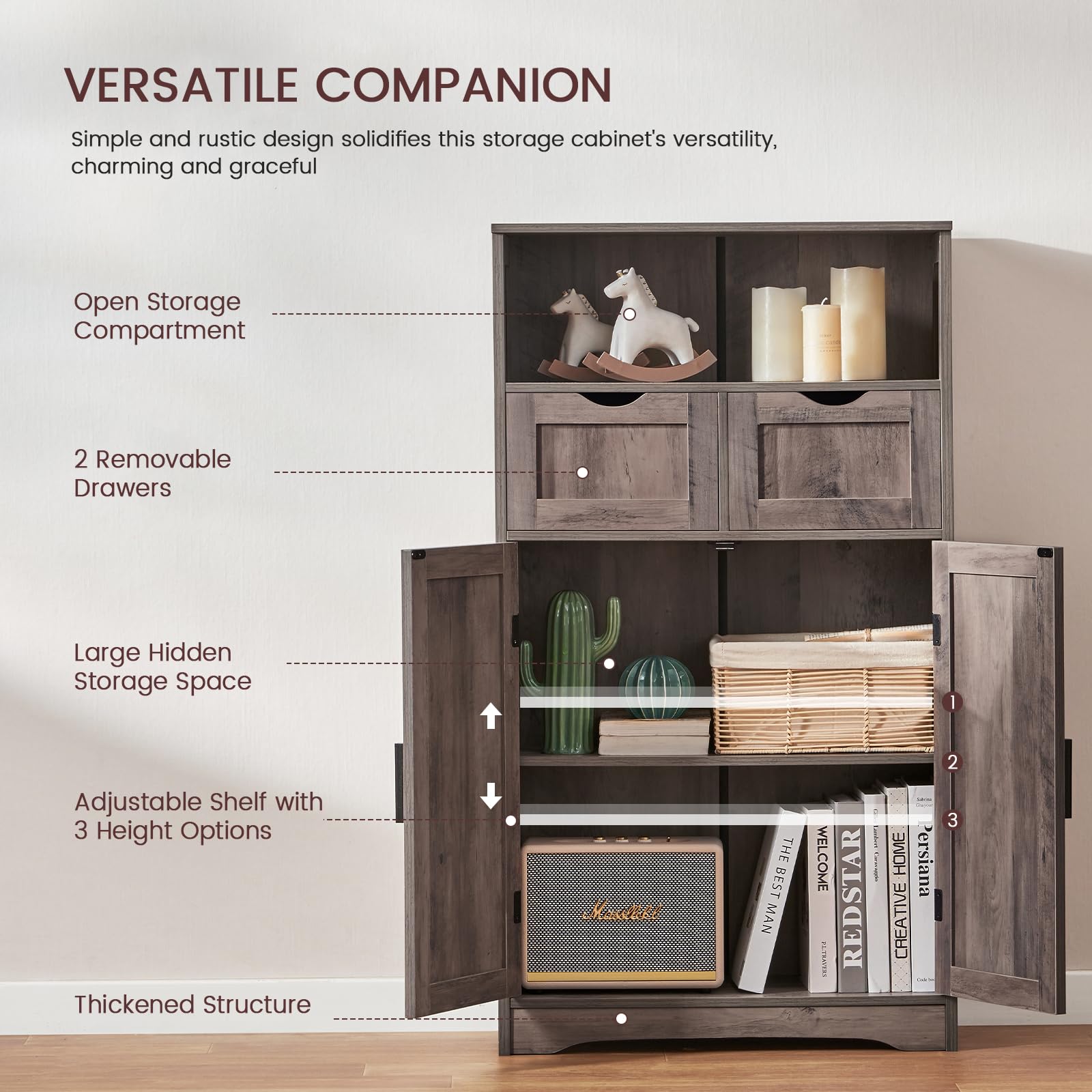 Iwell Adjustable Storage Cabinet with Doors - Bathroom, Kitchen Pantry & Living Room Organizer, Dark Gray Home Office Cupboard | Perfect for Bath Essentials, Food Storage & Home Organization