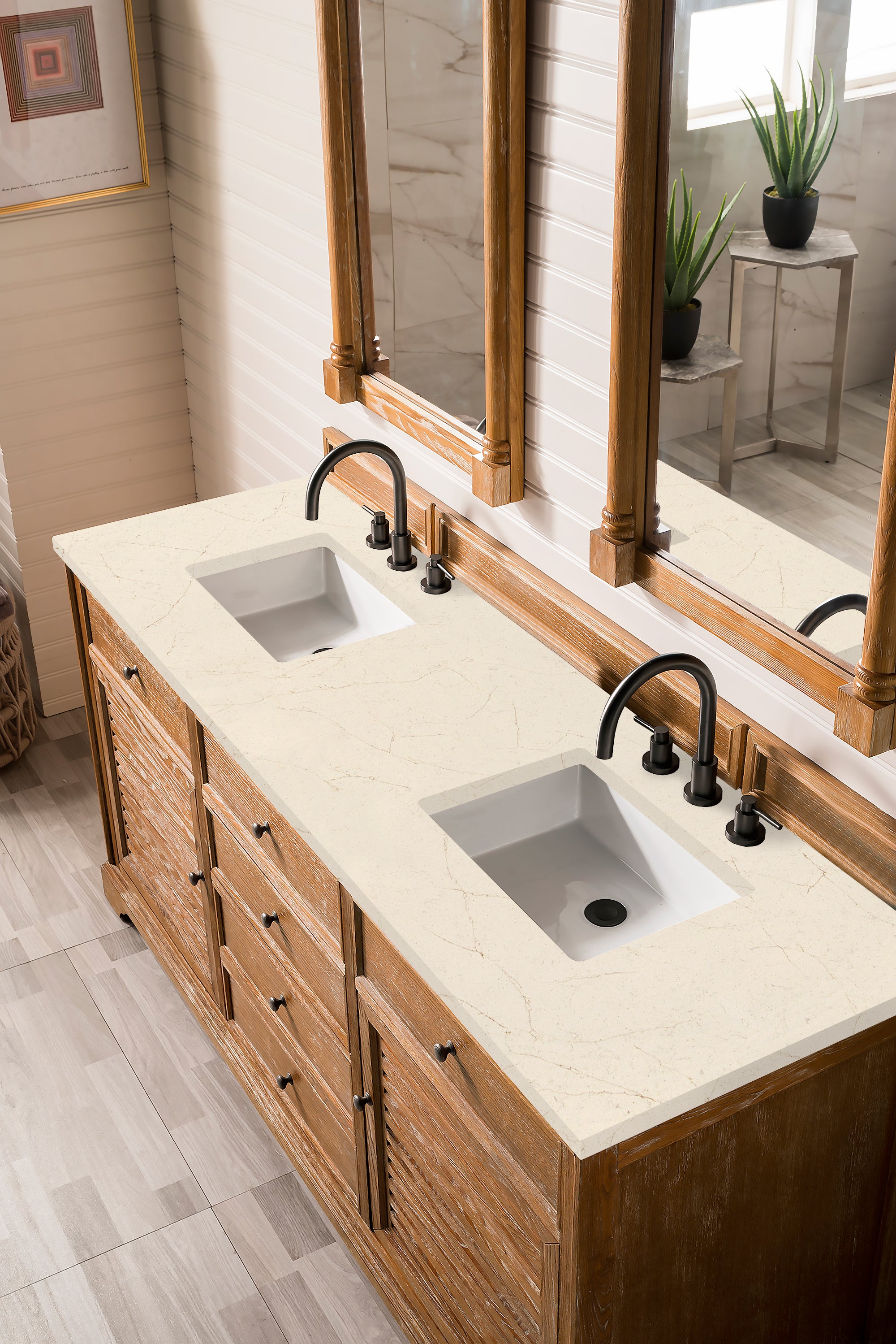 Savannah 72 Inch Double Vanity Cabinet in Driftwood Finish with 3CM Eternal Marfil Quartz Countertop - Perfect for Bathroom Renovation and Modern Home Decor