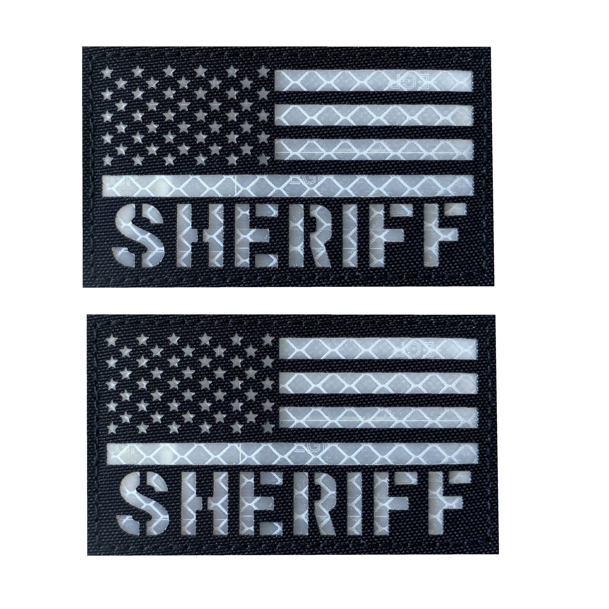 2 Pack US Flag Sheriff Patch - Hook Back for Tactical Vest & Collar - Reflective, Black-White - Perfect for Police & Military Gear