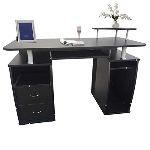 Black Melamine Computer Desk with Drawers - Sturdy Workstation for Home Office, Gaming & Study - Space-Saving Modern Design for Small Rooms