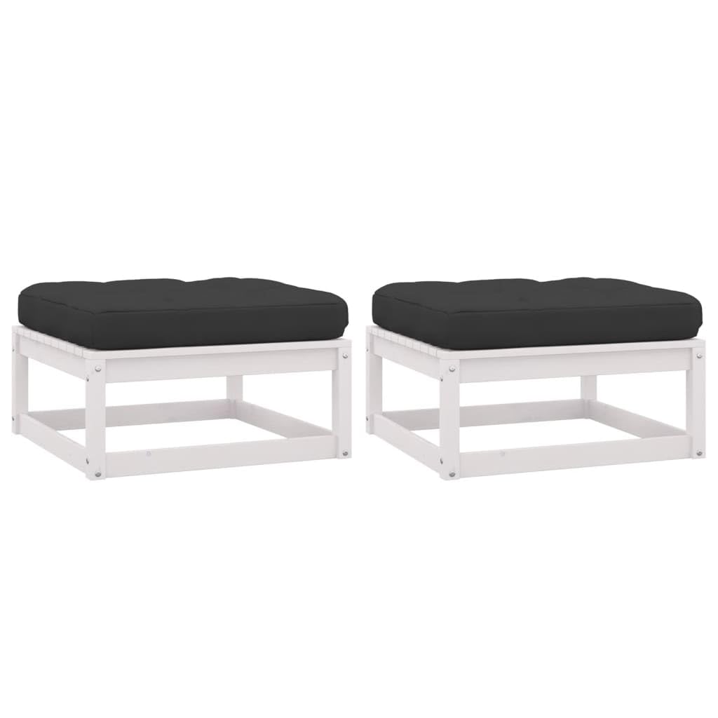 vidaXL Outdoor Patio Footstools Set of 2 - White Solid Pinewood Footrests with Cushions, Stable Durable Garden Furniture | Easy Assembly for Patio, Deck, Poolside & Backyard Relaxation