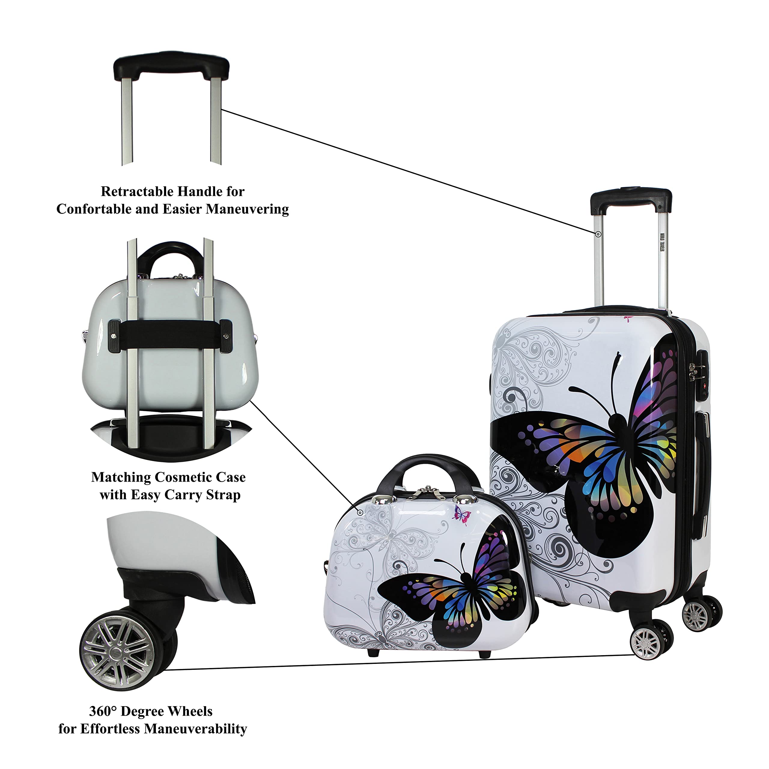 World Traveler Butterfly Luggage 4-Piece Set - Lightweight Spinner Suitcases with TSA Lock for Women & Teens - Perfect for Family Vacations, Business Trips & International Travel