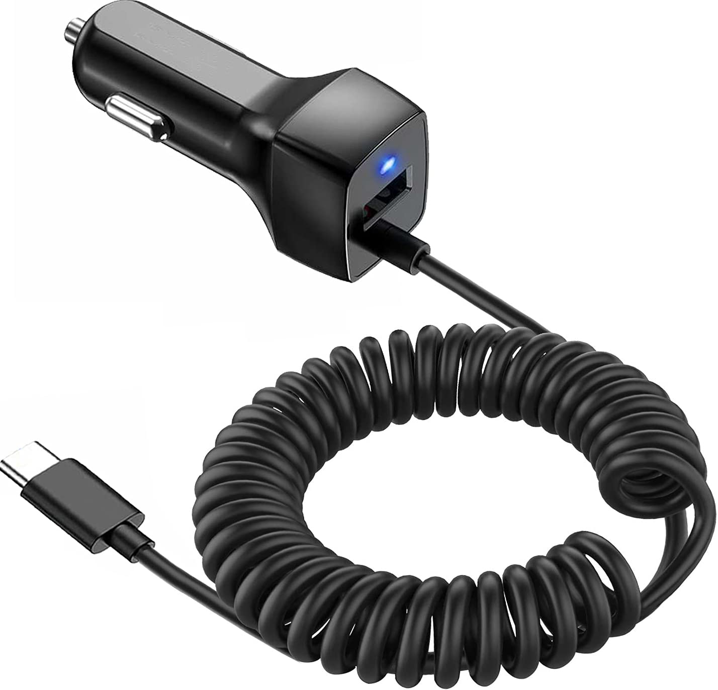 Fast Charging USB C Car Charger for Samsung Galaxy S22/S21/S20/S10/S9/S8/Note 8/9, LG G6/G5 & Google Pixel - Dual Port Retractable Car Adapter with Type C Cable - Perfect for Road Trips & Daily Commute