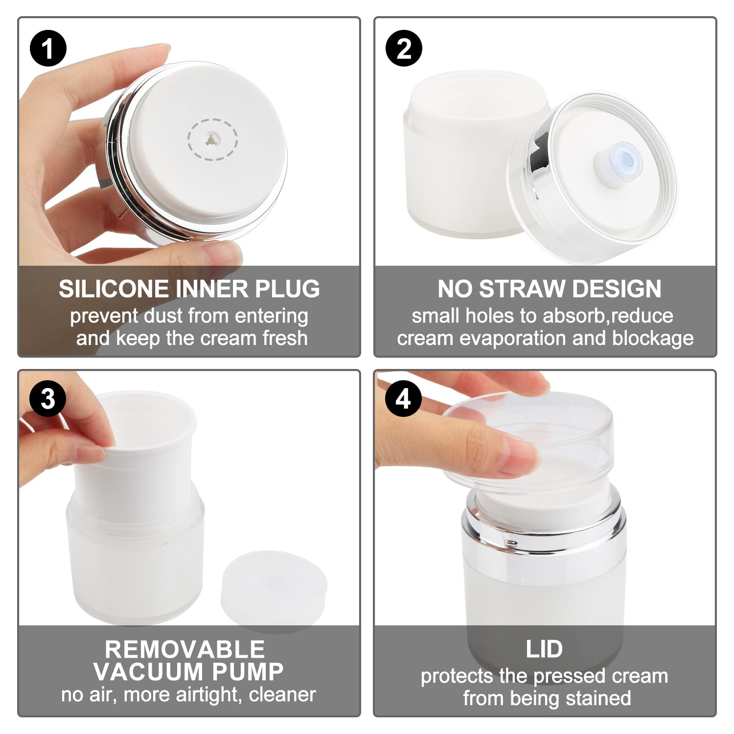4 Pack 1 Oz/30ml Airless Pump Jars - Refillable Acrylic Vacuum Cosmetic Containers with Press Pump for Face Cream, Lotion & Moisturizer | Travel-Friendly Sample Jars for Skincare, Makeup & Eye Cream | Perfect for Home Use, Travel & Salon Professionals