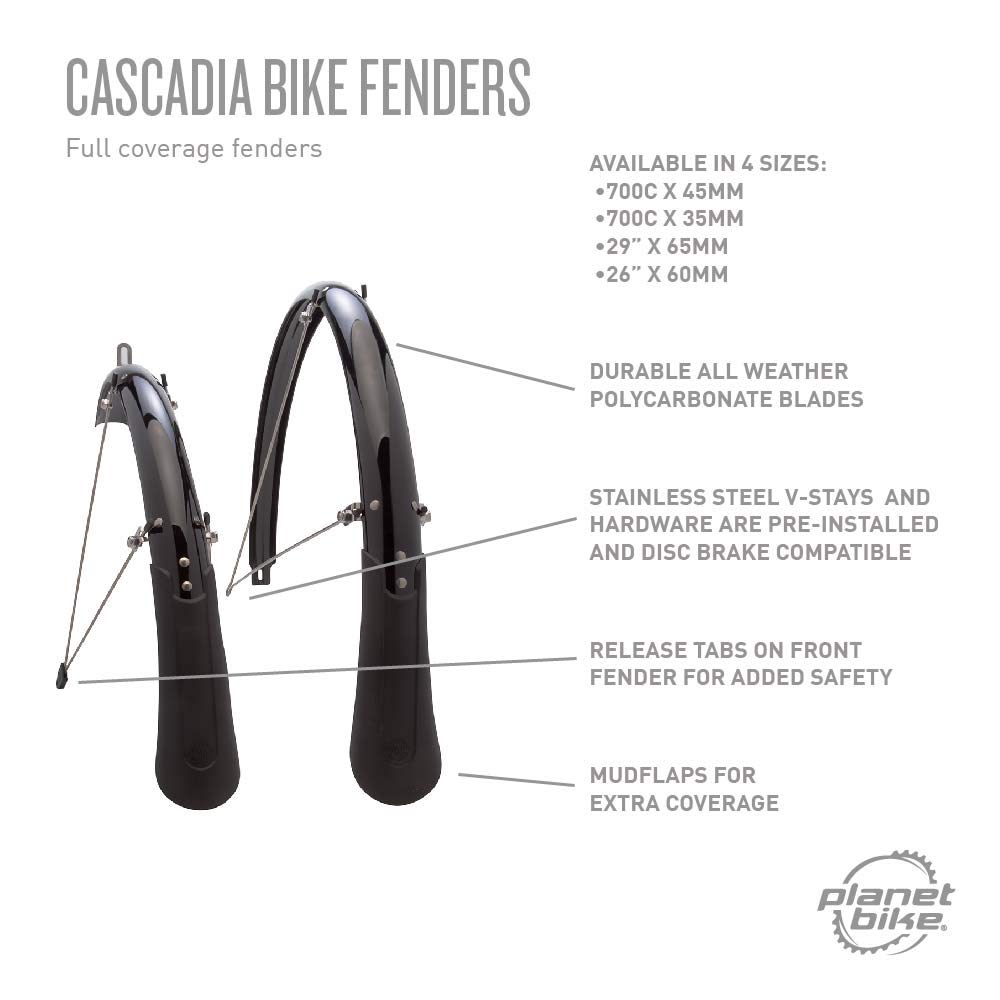 Planet Bike Cascadia 700c x 45mm Bike Fenders - Lightweight Durable Bicycle Mudguards for Road & Hybrid Bikes - Perfect for Commuting & Wet Weather Cycling