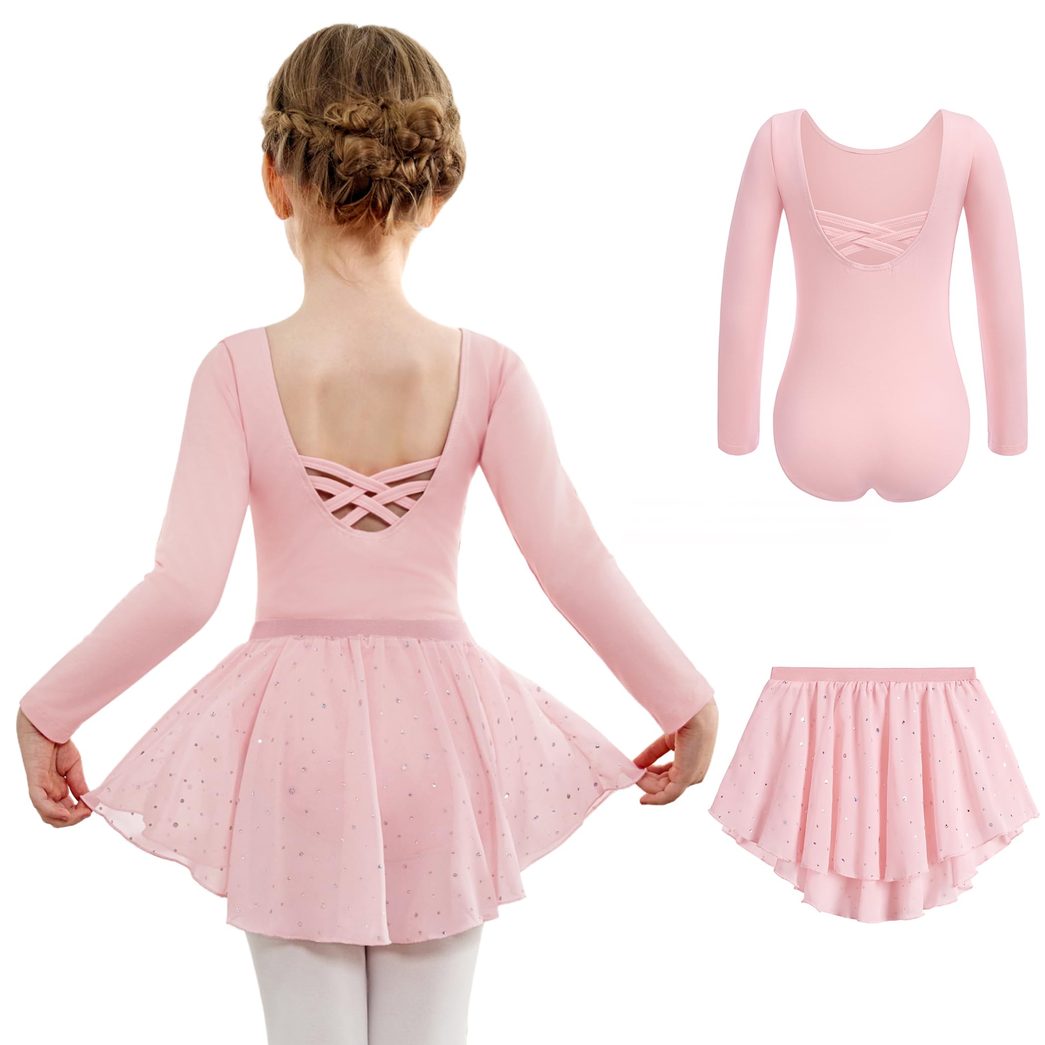 Arshiner Girls Ballet Leotard with Chiffon Skirt - Long Sleeve Crisscross Back Toddler Dance Outfit Set for Ballet Class, Recital & Performance