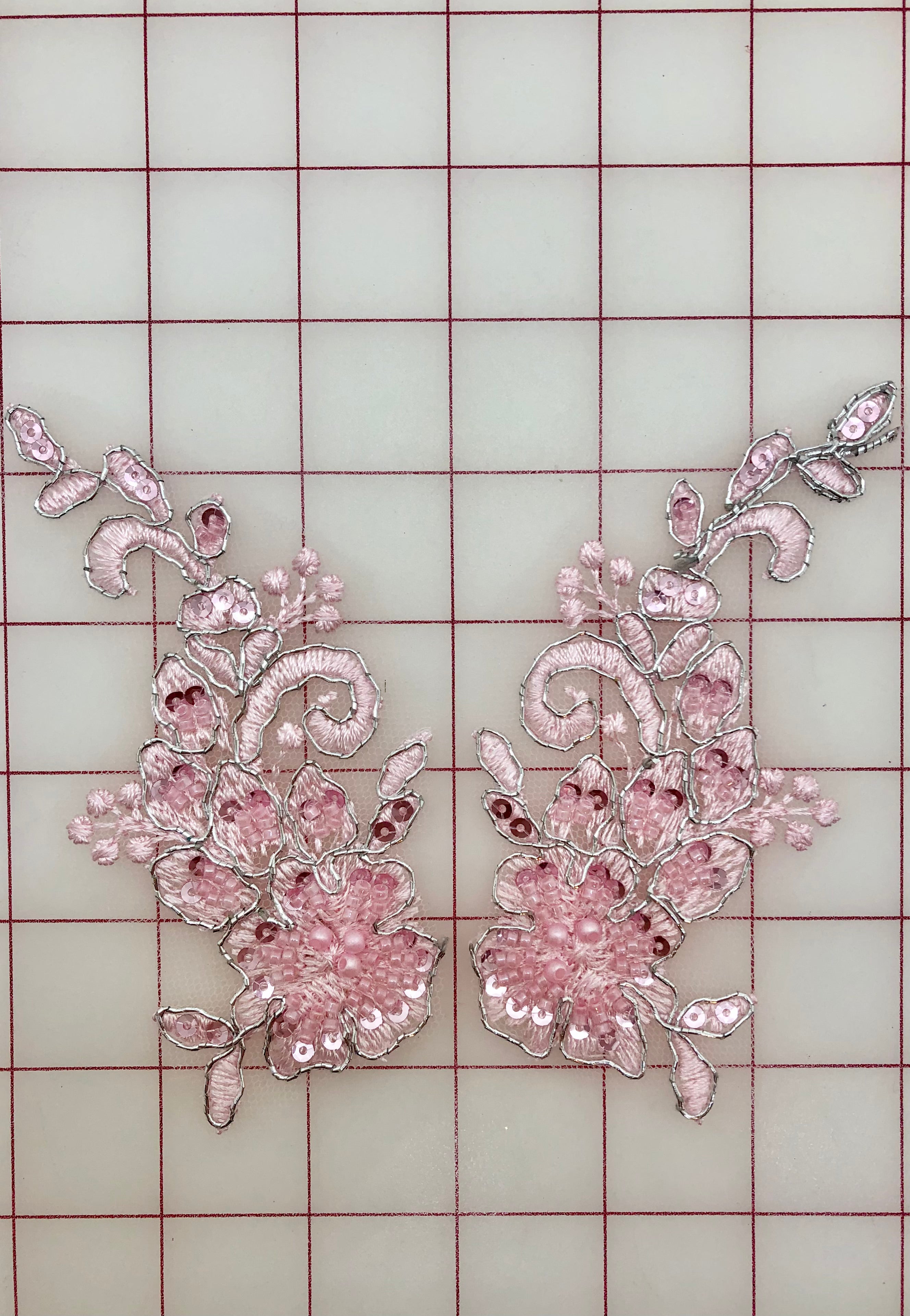 Beaded and Sequined Pink & Silver Floral Applique Pairs - Handmade Embroidered Patch for DIY Clothing, Costumes, and Home Decor