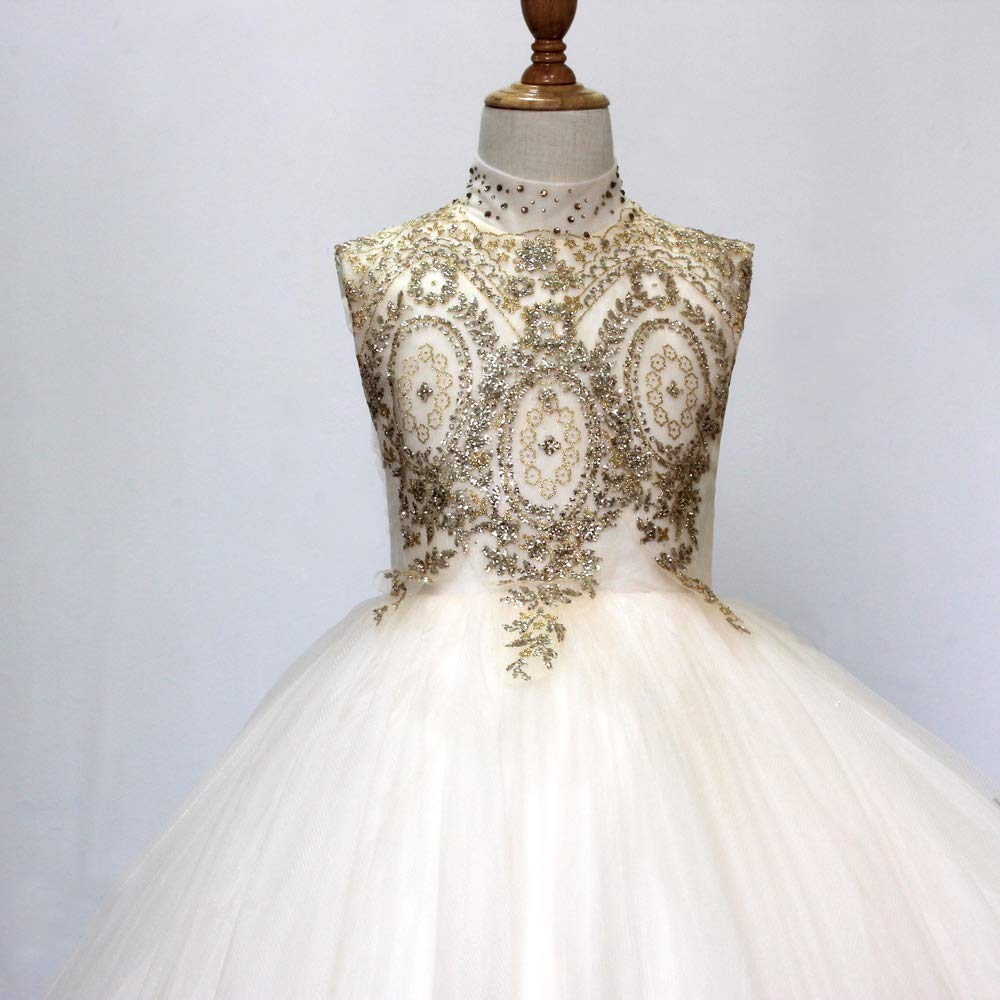 Elegant Gold Lace Flower Girl Dress - Long Puffy Tulle Ball Gown for Pageants, Prom & Special Occasions | Perfect for Weddings, Birthday Parties & Formal Events