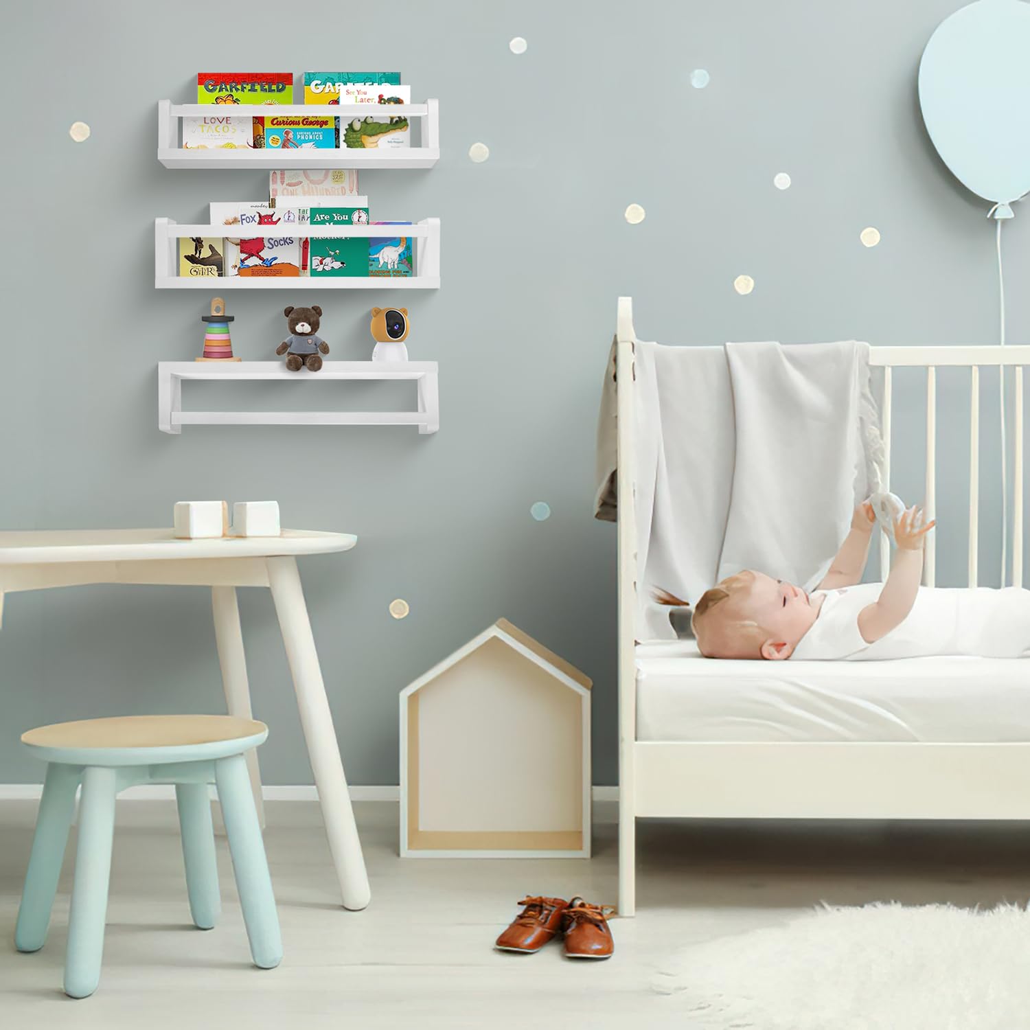 3-Piece White Nursery Book Shelves Set - 16.5 Inch Wall-Mounted Kids Bookshelf for Baby Bedroom, Playroom & Toy Storage | Perfect for Nursery Decor, Children's Book Organization & Montessori Learning Spaces