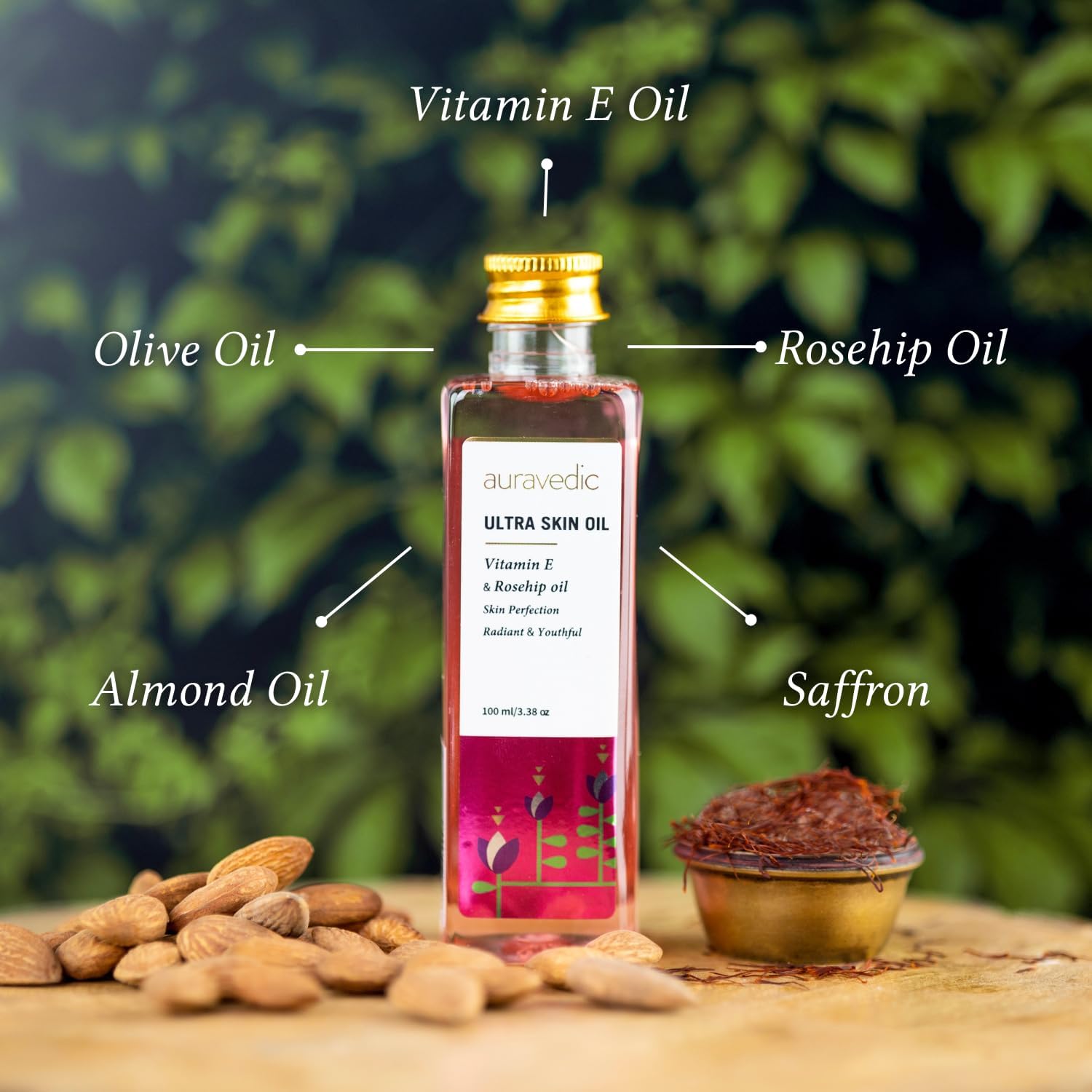 Auravedic Ultra Vitamin E Face & Body Oil with Rosehip, Almond, Olive, Jojoba & Orange Oils – 100ml Hydrating & Nourishing Skin Care for Glowing Complexion – Perfect for Daily After-Bath Use, Massage & Nighttime Skin Repair