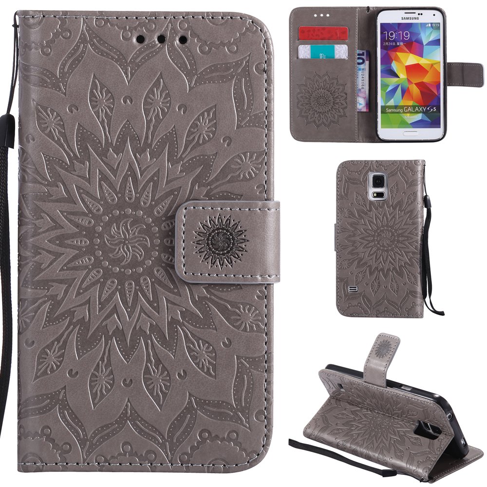 Samsung Galaxy S5 Case - PU Leather Flip Cover Wallet with Card Holder & Kickstand | Sunflower Pattern | Protective Phone Case for Galaxy S5 (Gray) | Perfect for Work, Travel & Everyday Use
