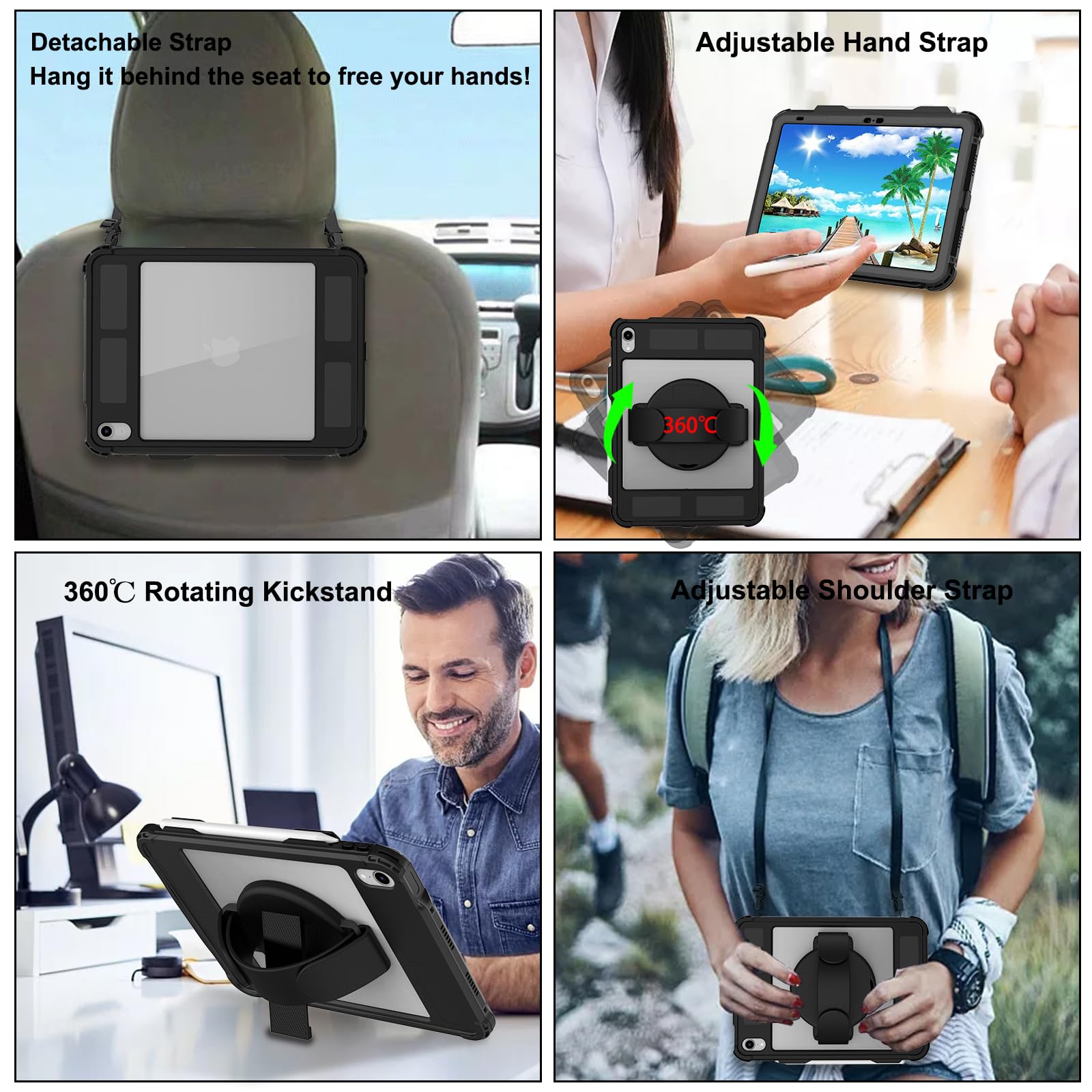 2025 iPad 10th Gen 10.9'' Waterproof & Shockproof Heavy Duty Case - 360° Full Protection with Built-in Screen Protector, Pencil Holder & Kickstand | Compatible with Magic Keyboard | Includes Shoulder Strap | Perfect for Outdoor Adventures, Travel & Daily Use (Black)