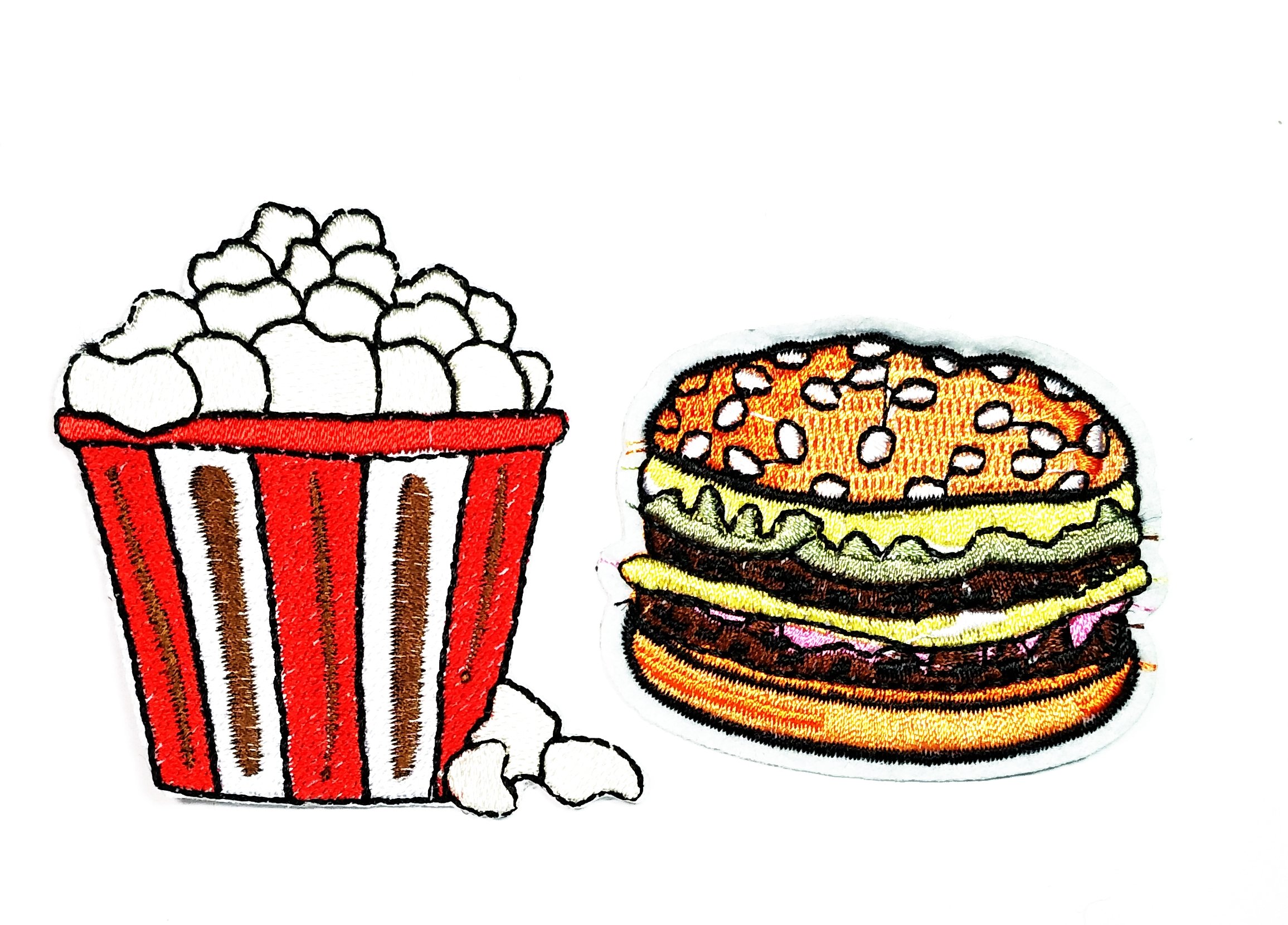 2-Pack Popcorn & Burger Cartoon Iron-On Patches - Embroidered Appliques for Clothes, Backpacks, T-Shirts, Jeans & Hats | Movie Night, Snack Lover Gift, DIY Fashion Accessories