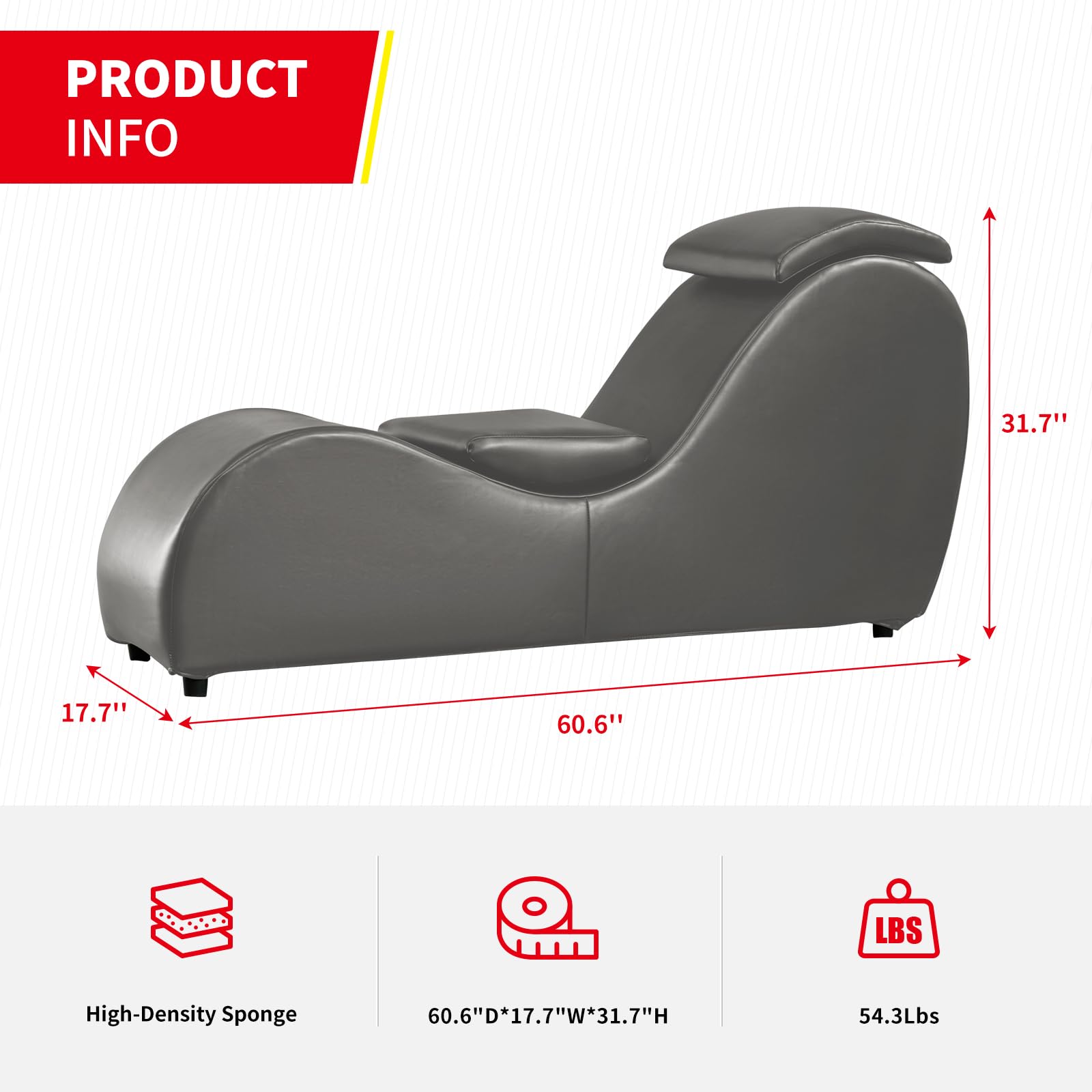 Premium MUZZ Yoga Chaise Chair with Adjustable Cushion - Modern Faux Leather Lounge Chair for Stretching & Relaxation - Grey PVC Chaise Lounge for Living Room, Bedroom & Home Gym - Perfect for Yoga, Meditation & Reading