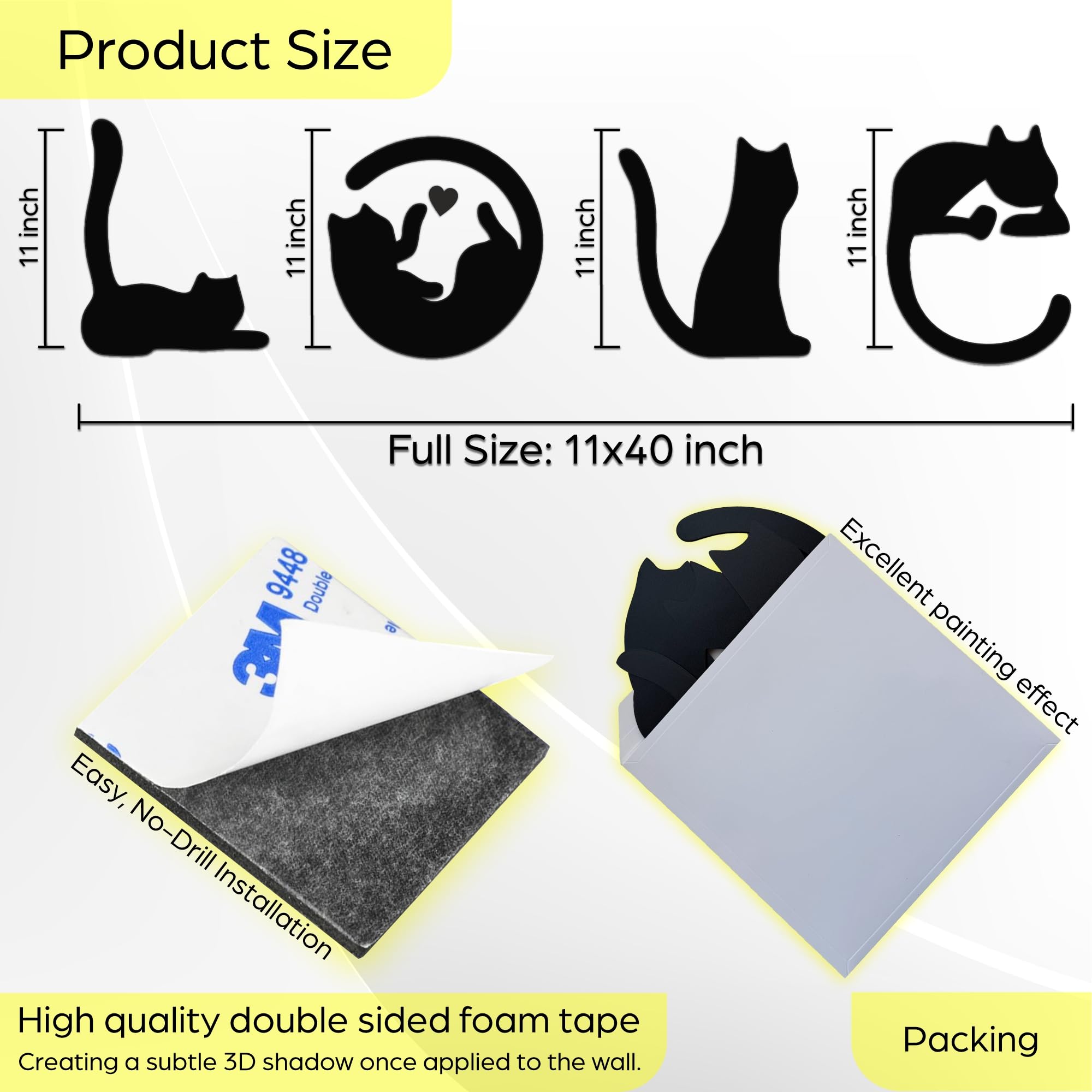4pcs Black Cat Wall Decor - Love Themed Wooden Cat Art for Home, Perfect for Living Room, Bedroom & Kitchen - Ideal Gift for Cat Lovers - Enhance Your Home Decor with Charming Feline Accents