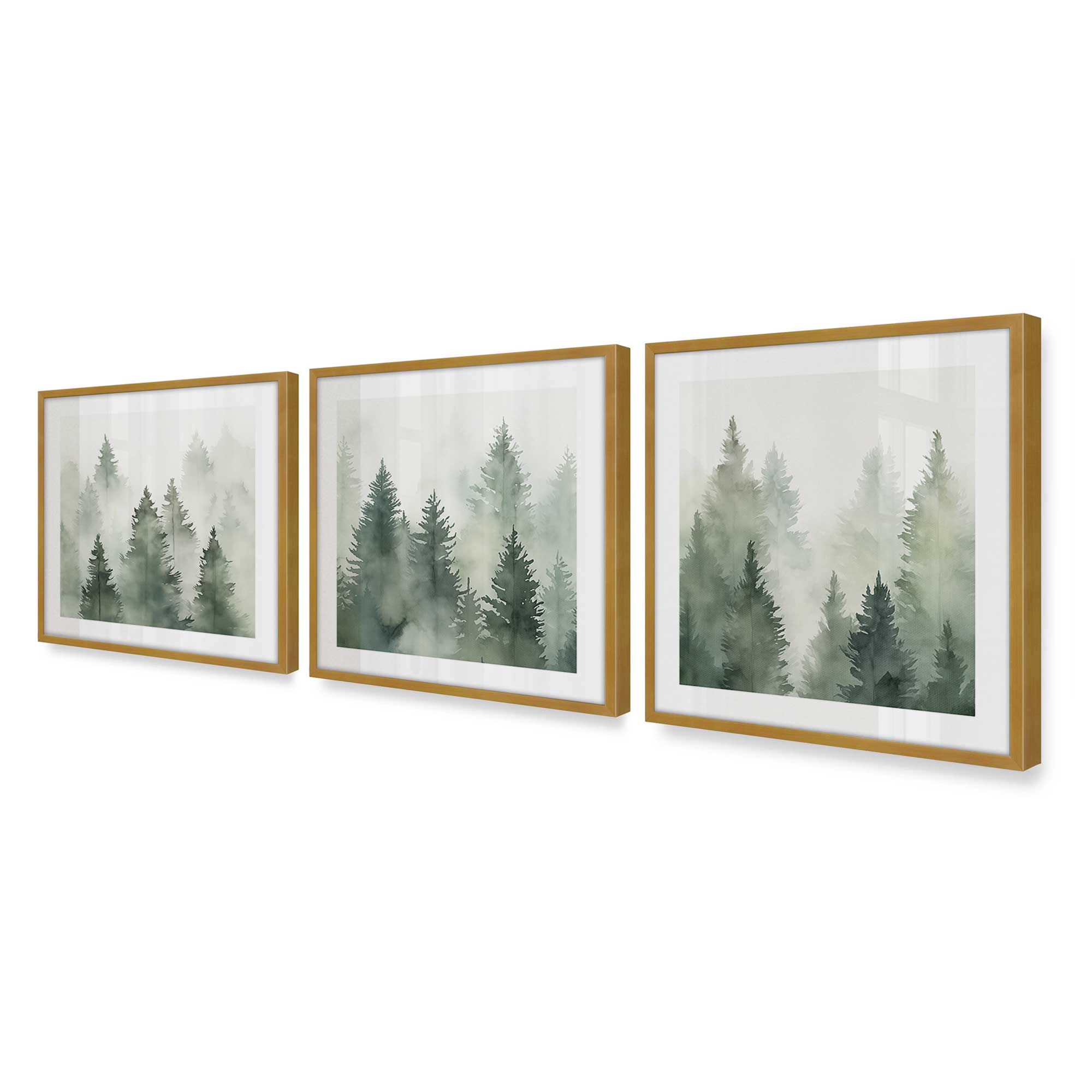 Green Haze Woodland Wall Art - Set of 3 Framed Nature Prints for Living Room, Bedroom & Office Decor | Forest Landscape Paintings | Ready to Hang Home Decoration