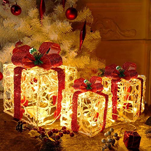 ATDAWN Set of 3 Clear Acrylic Lighted Gift Boxes - Christmas Present Box Decorations for Home, Party & Holiday Display - Perfect for Christmas Tree, Mantel & Tabletop Decor