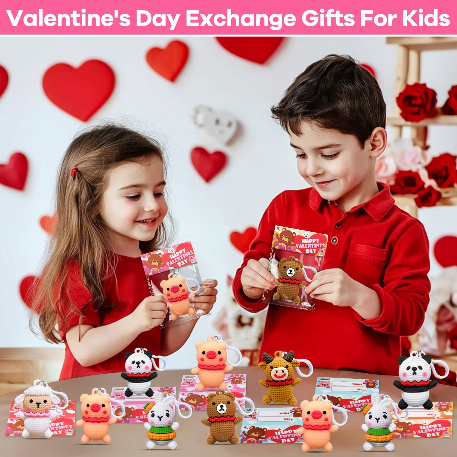 AMENON 28 Pack Valentine's Day Gifts for Kids - 7 Styles Prefilled Animal Keychain Toys with Valentine's Cards for Classroom Exchange, Party Favors (Perfect for School Valentine's Day Parties & Gift Exchanges)