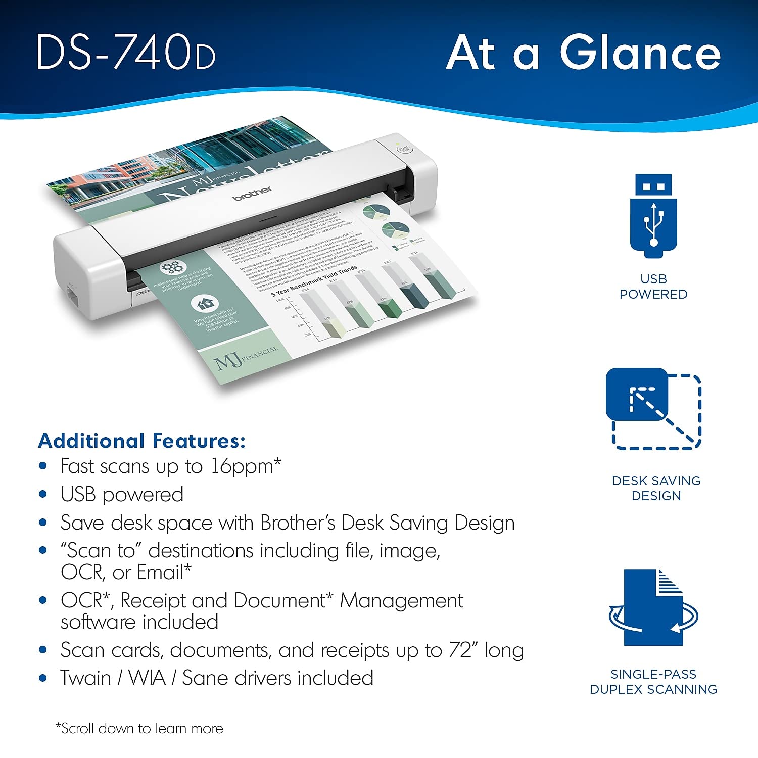 Brother DS-740D Duplex Compact Mobile Document Scanner - Fast, Portable Scanning for Home Office, Business & Travel | Scan Receipts, Contracts & Photos On-The-Go