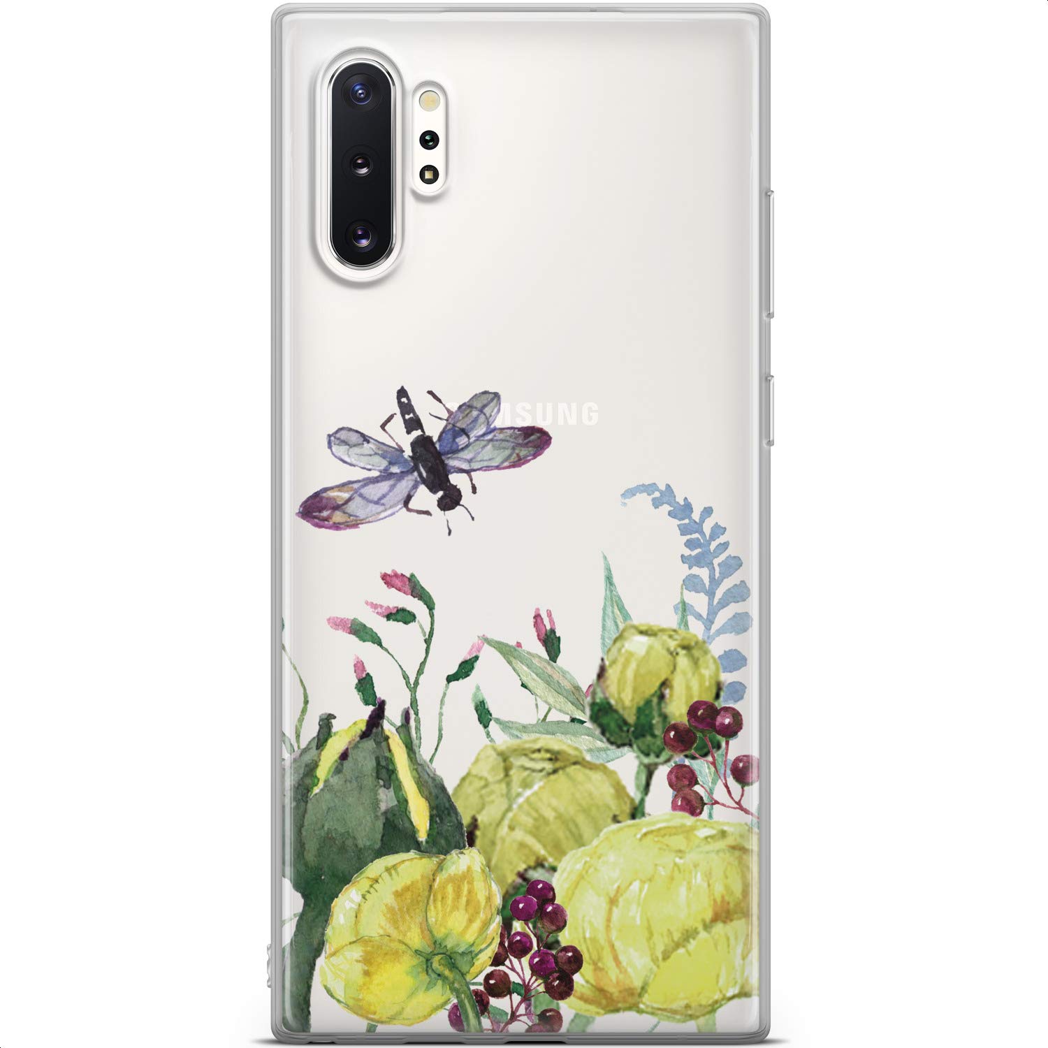 Samsung Galaxy S24 S23 Ultra S22 5G Plus S21 FE S20 S10 Phone Case - Floral Dragonfly TPU Protective Cover with Green Peony & Ranunculus Design | Slim Lightweight Silicone Case for Everyday Protection & Style