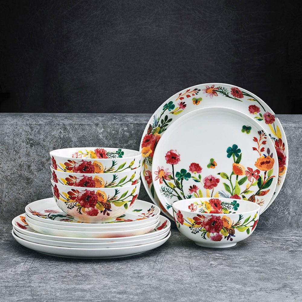 Karina 12-Piece Dinnerware Set - Porcelain Plates, Bowls & Mugs for 4 People - Elegant Dinnerware for Family Meals, Dinner Parties & Everyday Use