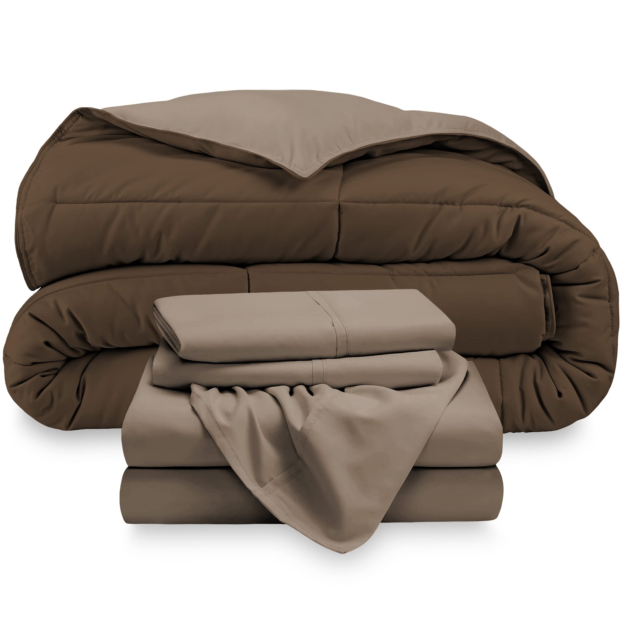 Bare Home Reversible 5-Piece Comforter & Sheet Set - California King Size - Ultra Soft Down Alternative Bedding - Cocoa/Taupe Color - Perfect for Master Bedroom & Guest Room Luxury Comfort