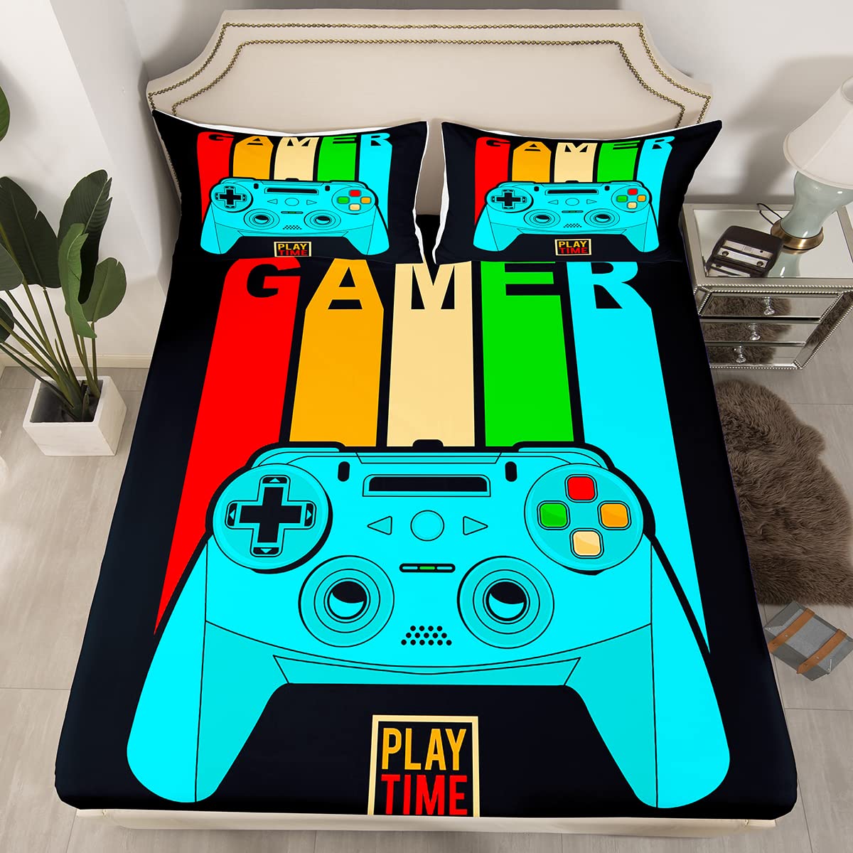 Boys Video Game Bed Sheets Set - Soft Lightweight PC Gamer Bedding with Rainbow Stripes & Controller Design, Includes 1 Flat Sheet, 1 Fitted Sheet & 1 Pillowcase - Perfect for Gaming Rooms, Teen Bedrooms, Dorm Decor & Sleepovers