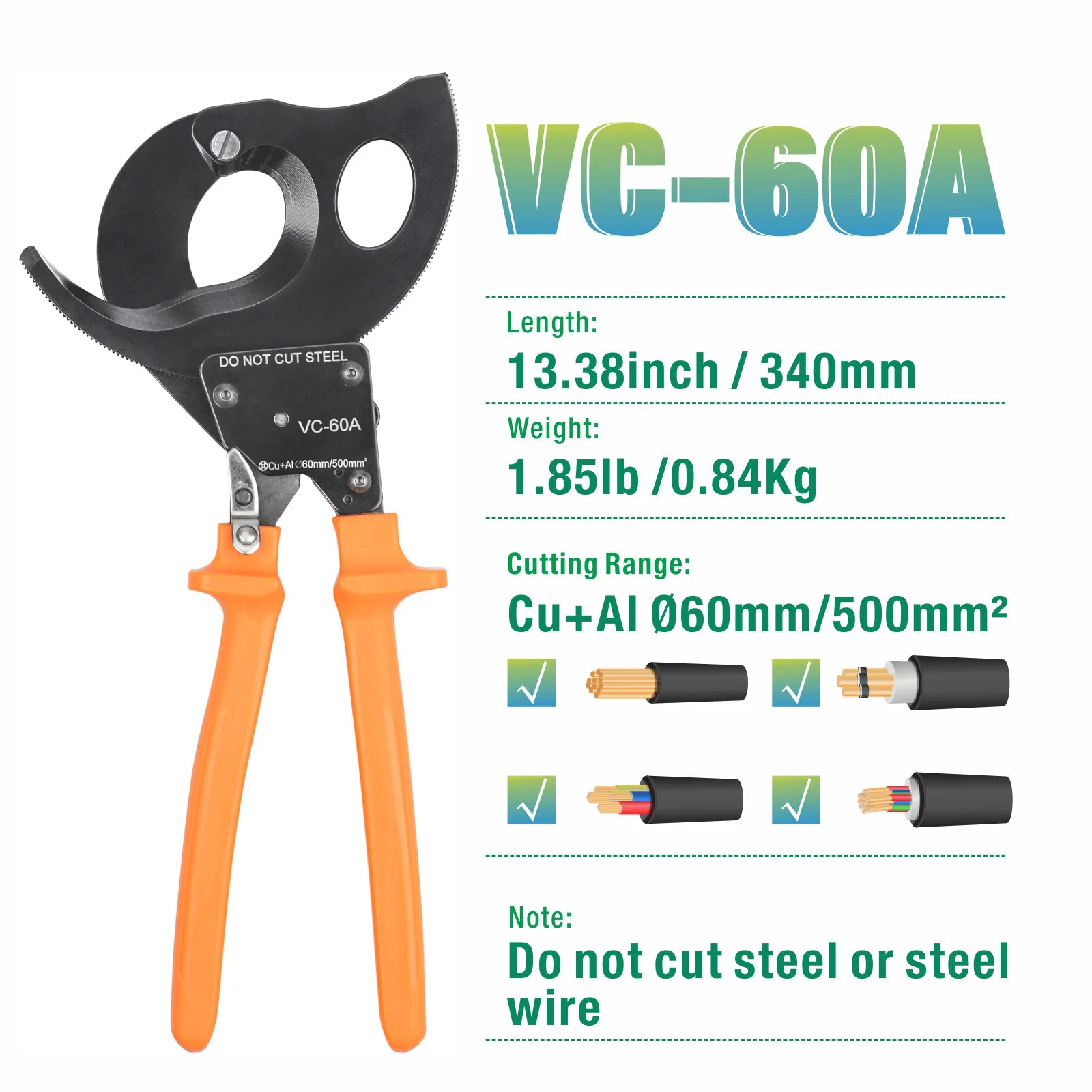 VC 60A Ratchet Cable Cutter - Heavy Duty Copper & Aluminum Wire Cutter for 1000MCM/60mm Diameter Cables (500mm²) - Ideal for Electrical Work, Industrial Wiring & DIY Projects