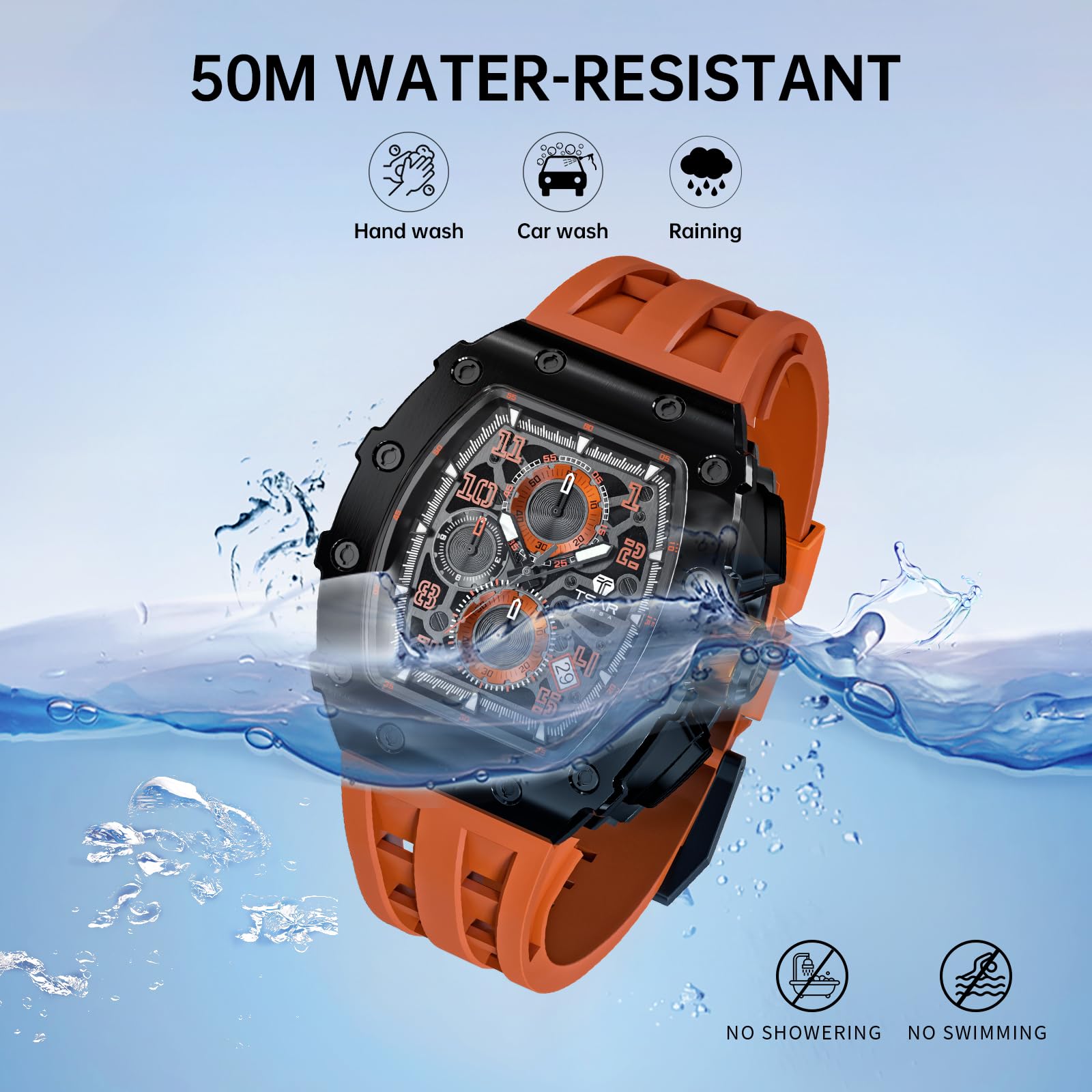 TSAR BOMBA Luxury Men's Watch - 50M Waterproof Tonneau Chronograph with Japanese Quartz Movement & Silicone Band - Perfect for Business, Casual & Outdoor Activities - Ideal Gift for Men