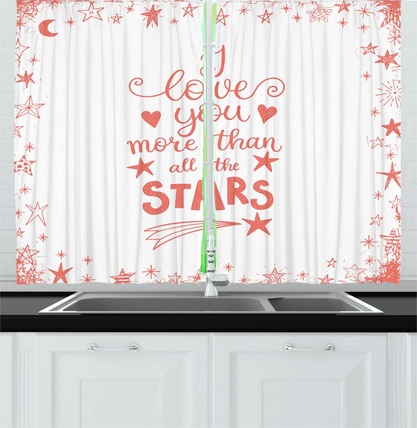 Ambesonne 'I Love You More' Long Kitchen Curtains - Romantic Star Scribble Art Valentines Decor, 2 Panel Rod Pocket Drapes 55x45 Inches, Vermilion White - Perfect for Valentine's Day Decor, Couples' Home & Romantic Kitchen Design