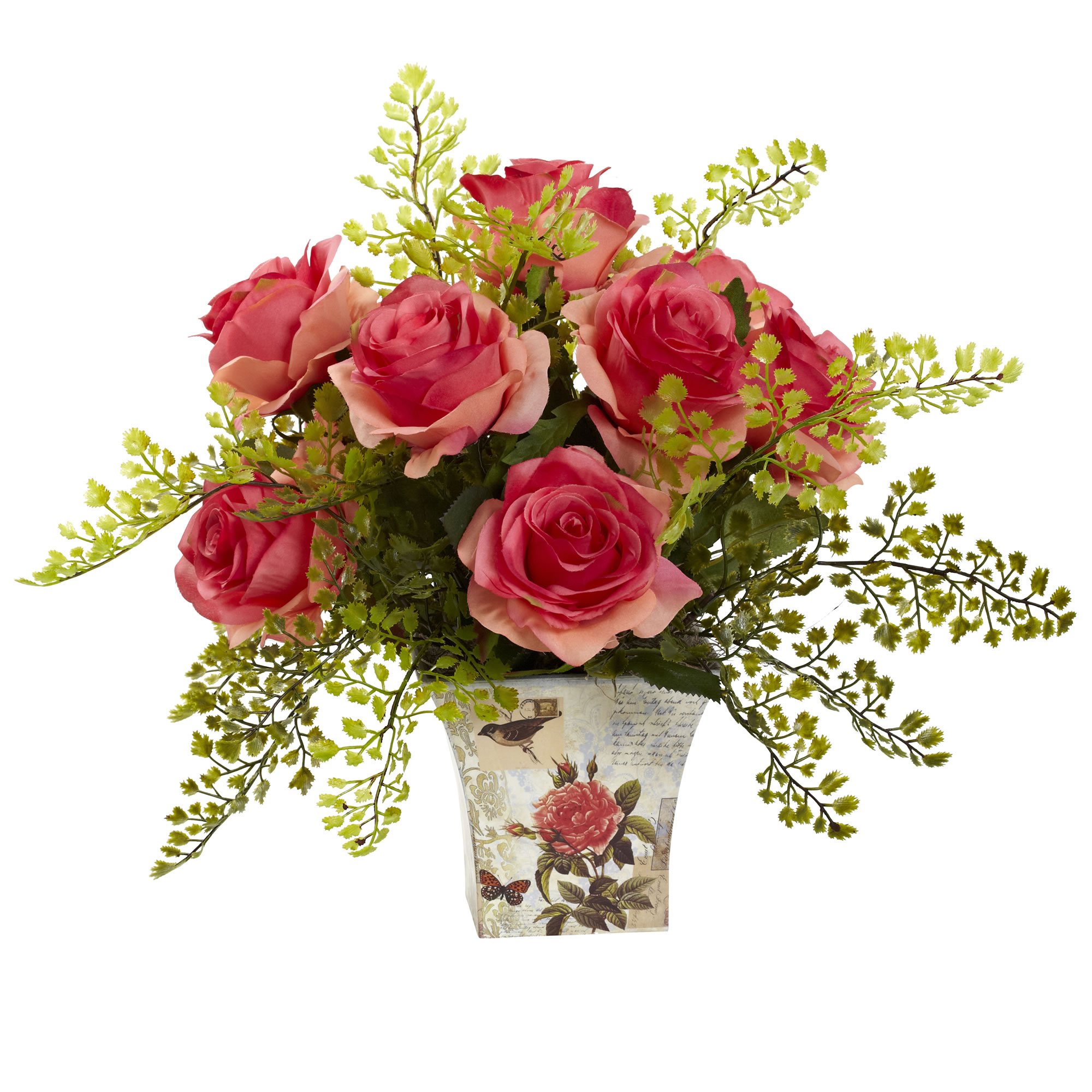 Nearly Natural Rose & Maiden Hair Artificial Plant in Floral Planter - Perfect for Home Decor, Office Desk, and Indoor Greenery
