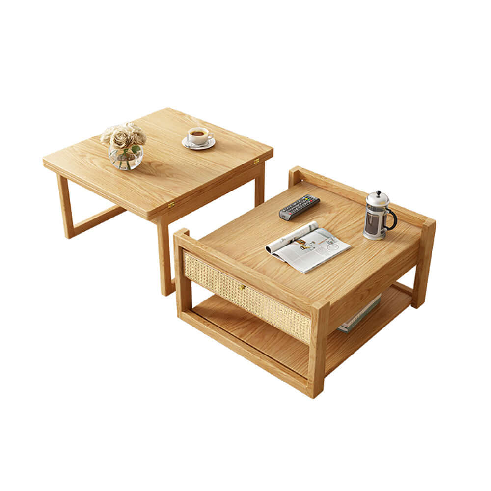 Modern Japandi Style Wooden Folding Coffee Table Set with Rattan Nesting Accent - Space-Saving Dining Table for Small Living Rooms, Apartments & Outdoor Patios