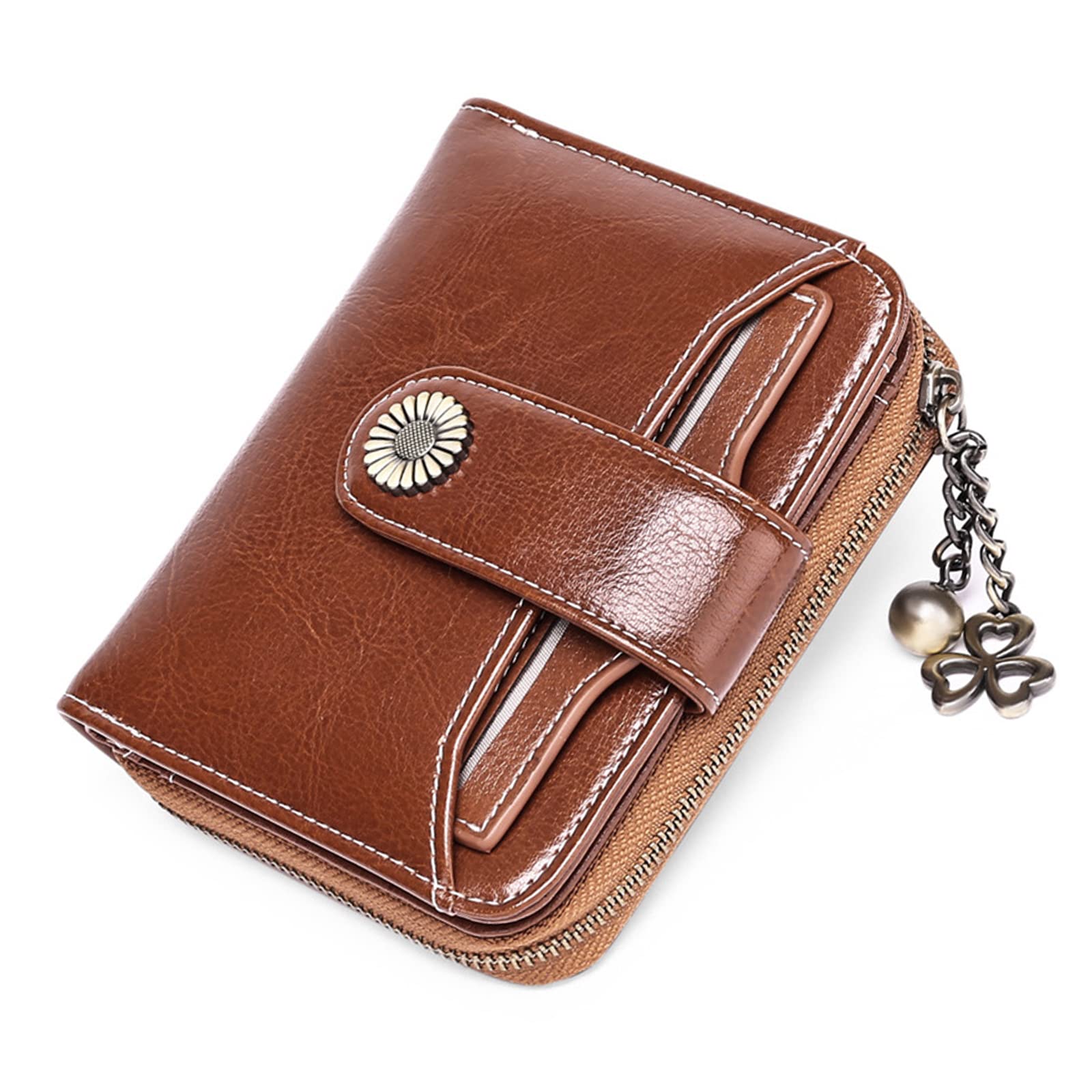 KELEEL Genuine Leather Women's Bifold Wallet - RFID Blocking Credit Card Holder with Zipper Pocket & ID Window | Compact Purse for Everyday Use, Travel & Gift Giving (Classic Brown)