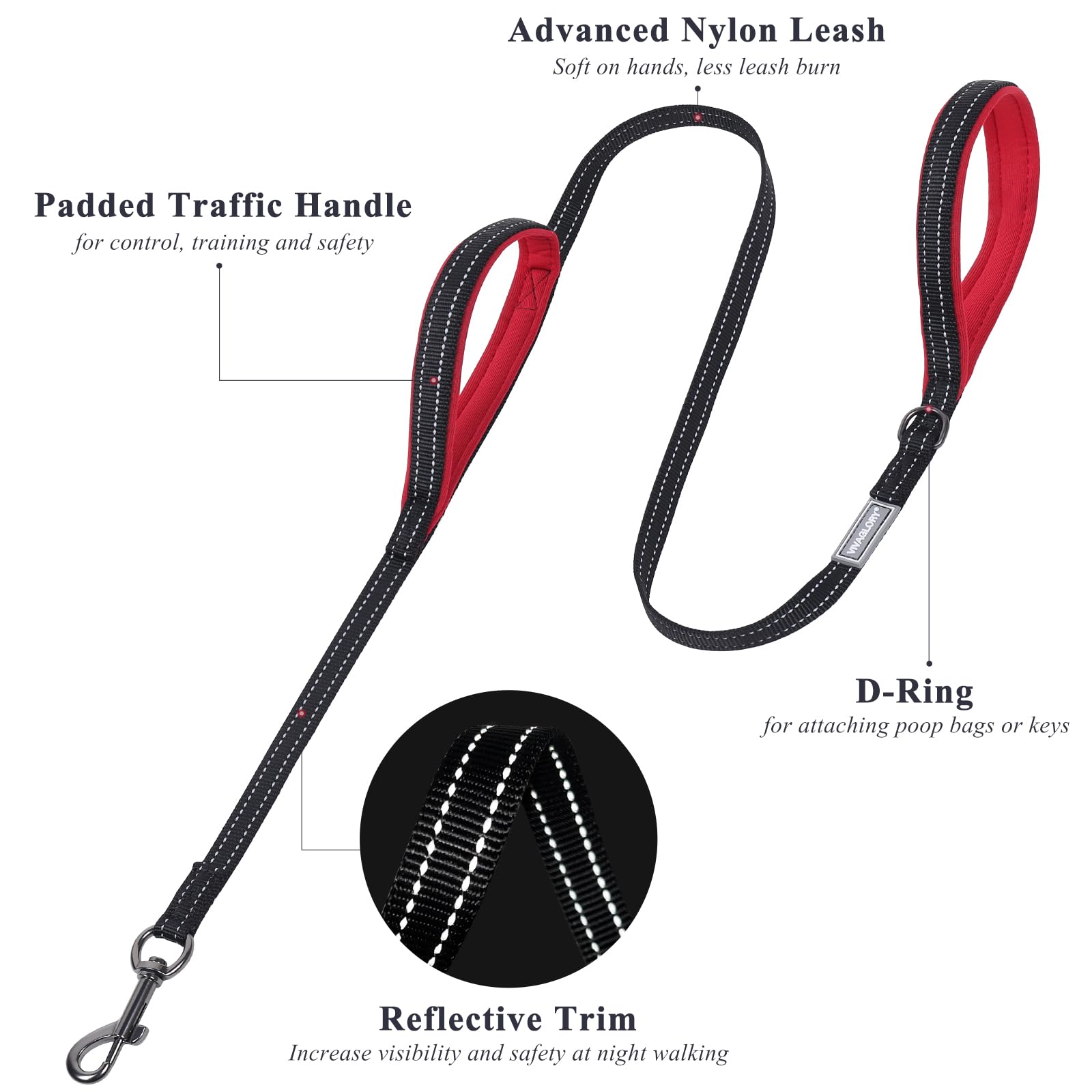 VIVAGLORY Heavy Duty Reflective Dog Leash with Dual Padded Handles - Strong Metal Hook Training Lead for Large Medium Small Dogs - Perfect for Walking, Running, Night Safety & Outdoor Adventures (Black)