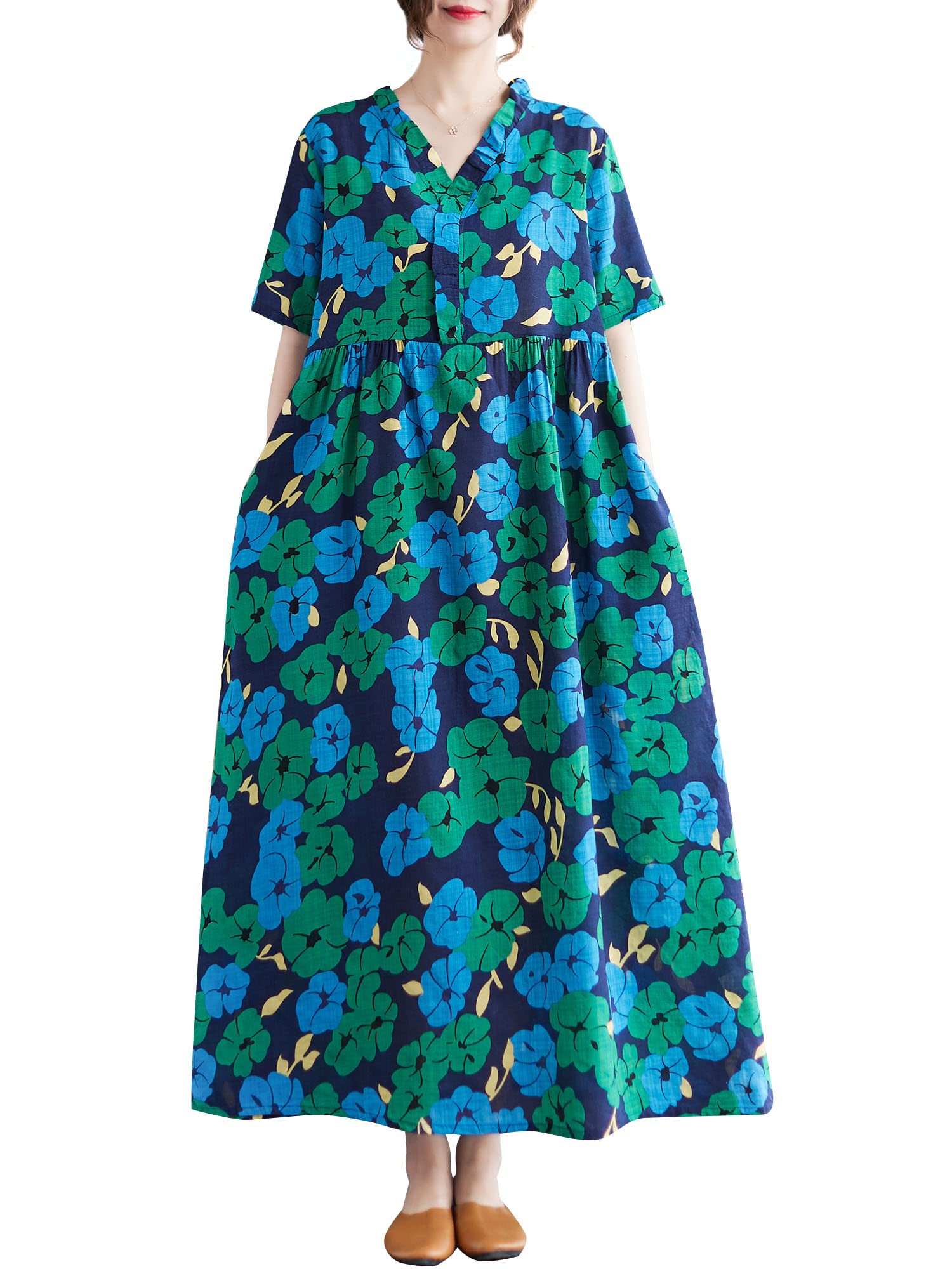 Versear Women's Boho Maxi Dress - Floral Print Ruffled V-Neck with Pockets, Pleated Swing Summer Dress for Beach, Vacation & Casual Outings