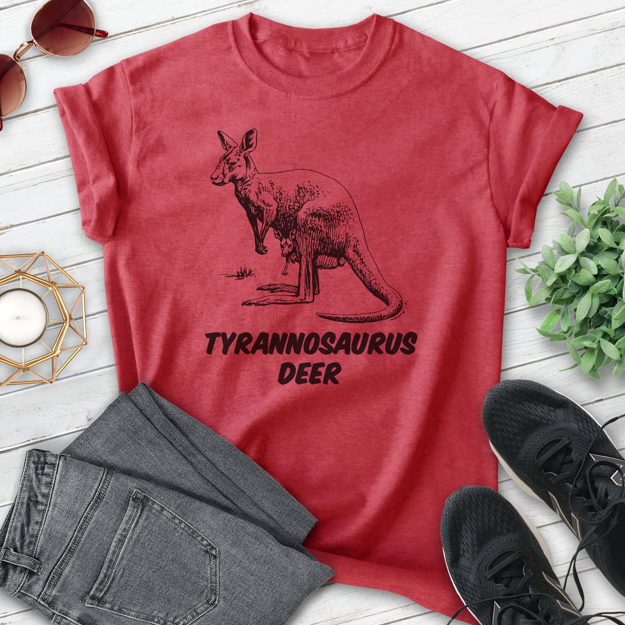 EVERTREE CLOTHING Tyrannosaurus Deer Graphic T-Shirt - Unisex Men's & Women's Casual Tee - Kangaroo Pocket Shirt for Everyday Wear - Perfect for Streetwear, Outdoor Activities and Casual Outings