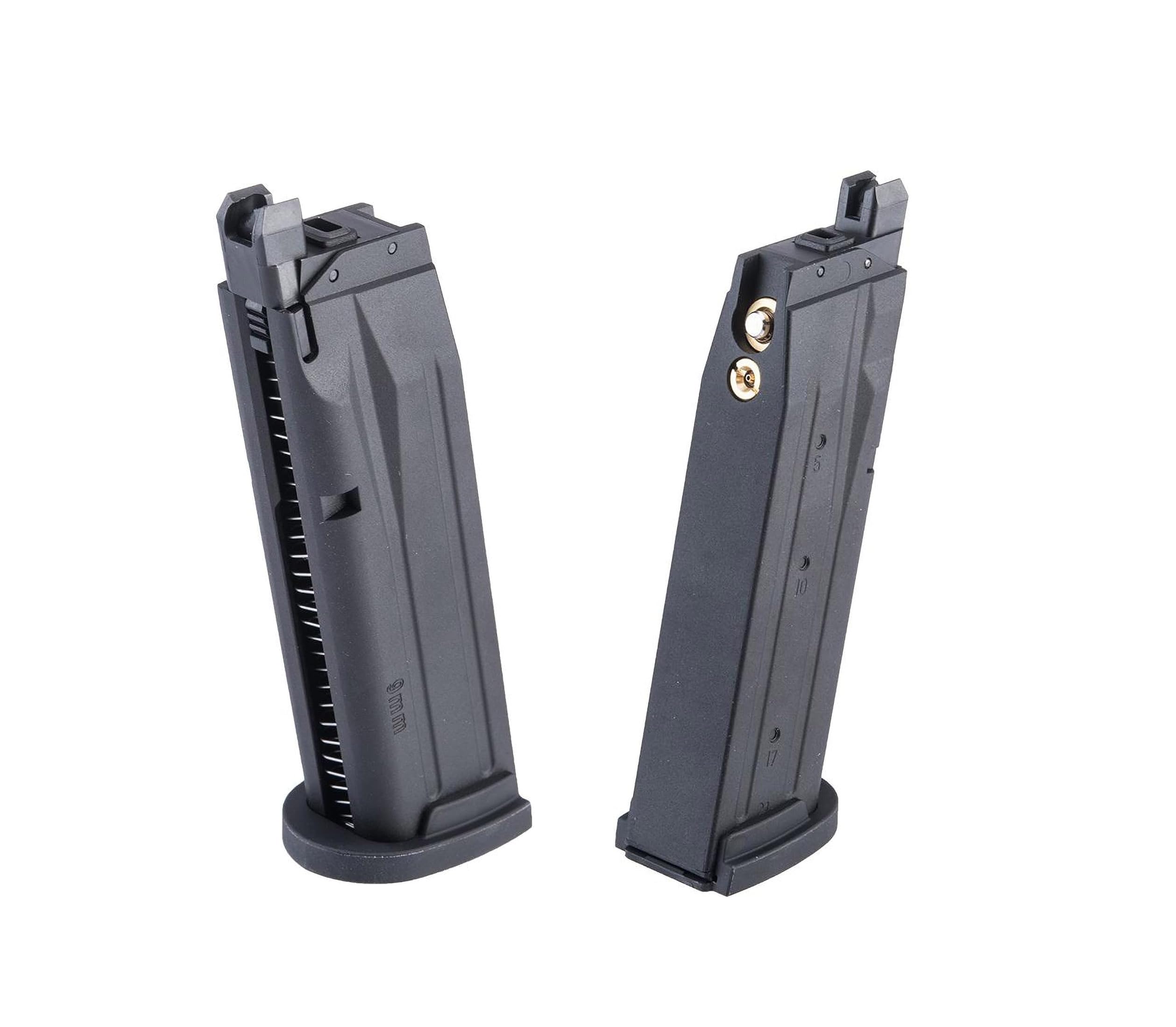 Sig Sauer ProForce 21-Round Airsoft Magazines for P320 M18 Air Guns - Green Gas Housing with Tan/Black Base Plate | High-Capacity Airsoft Accessories for Tactical Training & Competitive Shooting