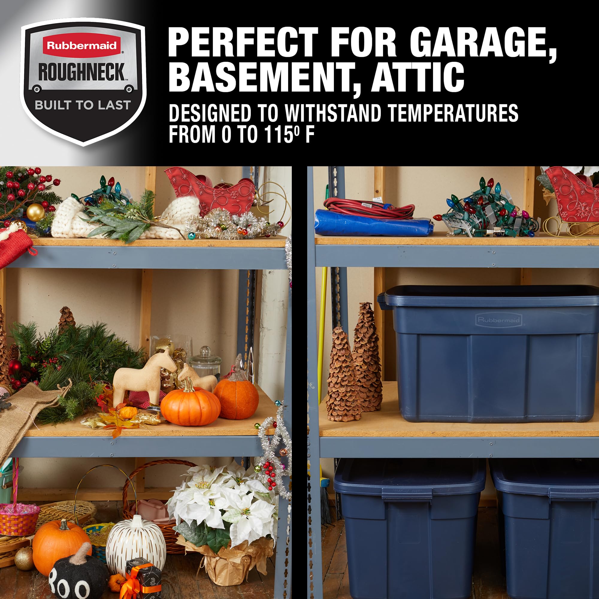 Rubbermaid Roughneck Tote 31 Gallon Storage Bins - 3 Pack Stackable Plastic Containers with Lids & Handles | Heavy-Duty Made in USA | Dark Indigo Metallic | Perfect for Garage Organization, Home Storage & Moving Supplies