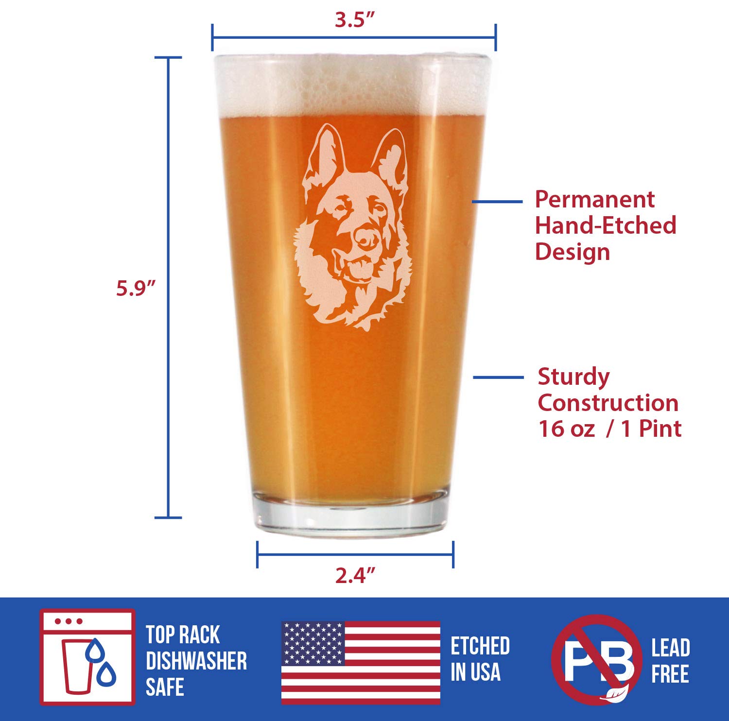 German Shepherd Happy Face Pint Glass - Funny Beer Mug Gift for Dog Lovers - Perfect for Parties, Gifts & German Shepherd Decor - Great for Beer, Ale & Cocktails at Home or Bars