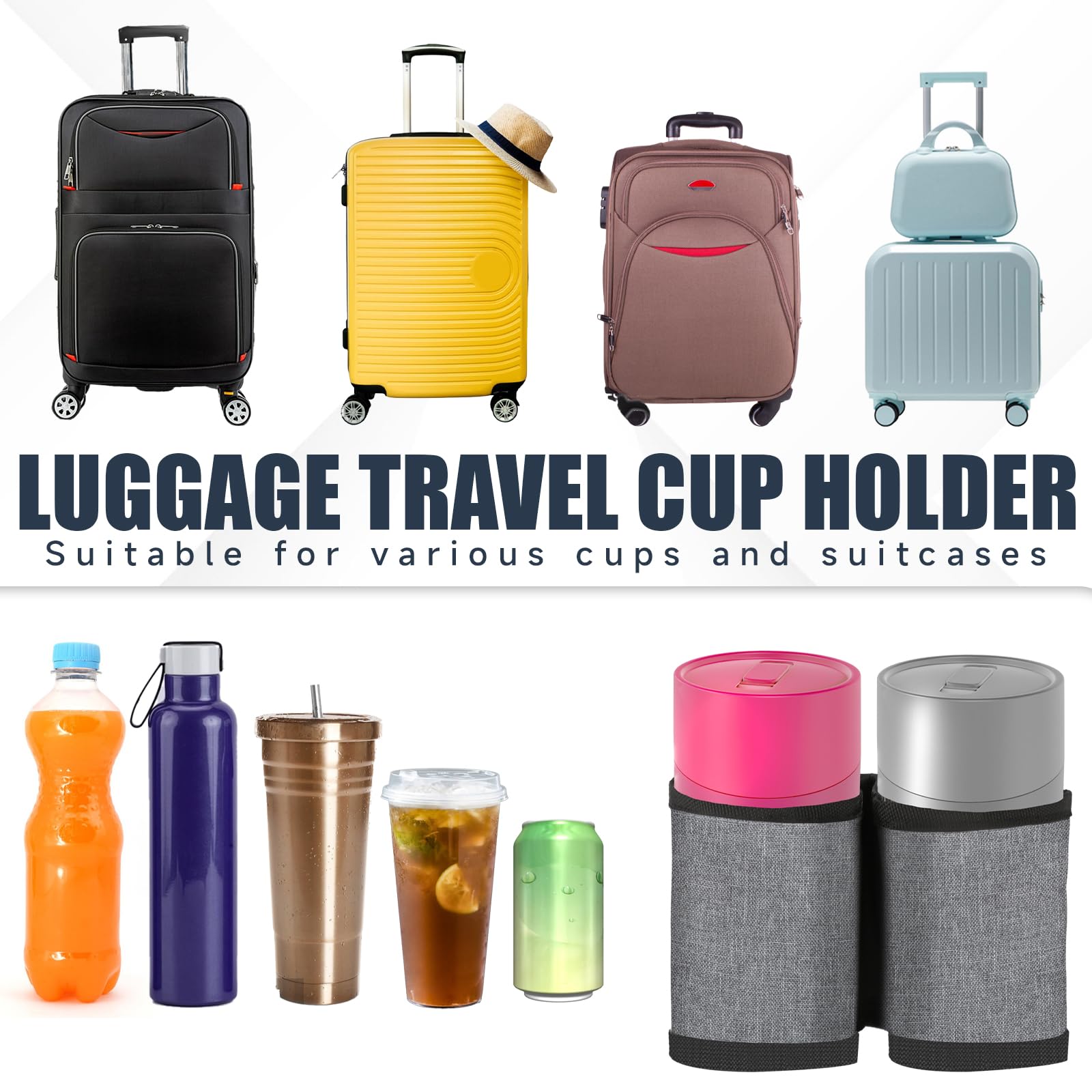 Thinp Luggage Cup Holder - Hands-Free Suitcase Drink Holder for Travel Accessories, Fits Two Coffee Cups - Perfect for Flight Attendants & Travel Essentials (Grey) | Ideal for Airports, Commuting, and Business Trips