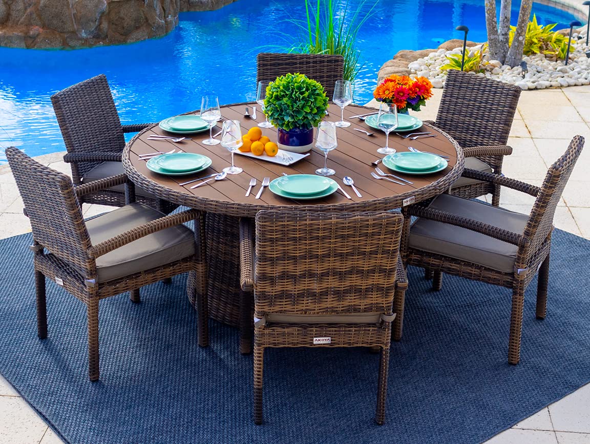 Tuscany 7-Piece Brown Resin Wicker Outdoor Patio Dining Set with Round Table & 6 Cushioned Chairs | Half-Round Wicker Furniture with Sunbrella Charcoal Canvas Cushions | Perfect for Garden, Poolside & Backyard Entertaining