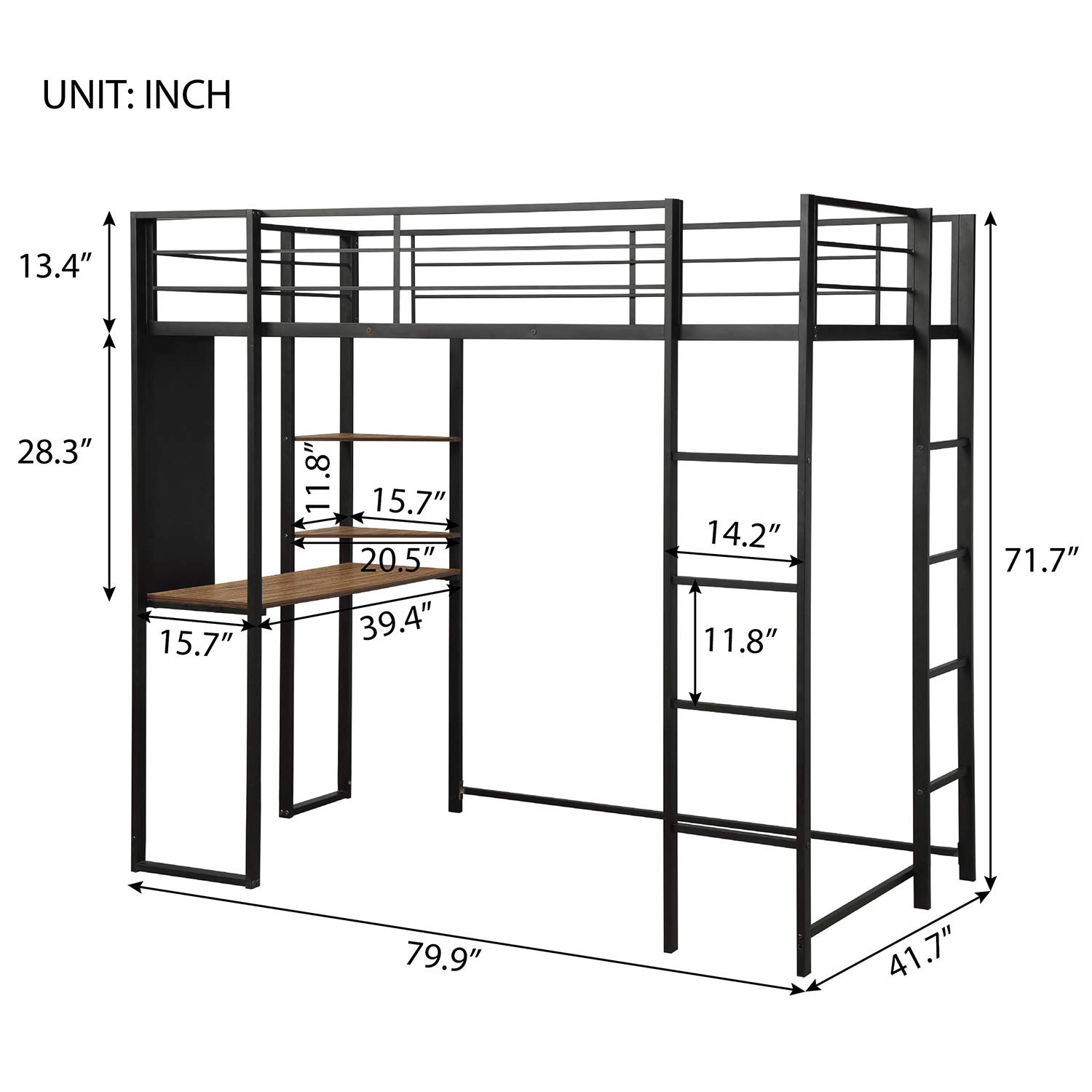 Danxee Loft Twin Bunk Bed with Shelves & Desk - Space Saving High Sleeper Bed with Full Guardrails & Dual Ladders for Kids, Teens, Dorms & Small Rooms | Perfect for Shared Bedrooms, Studio Apartments & Guest Rooms